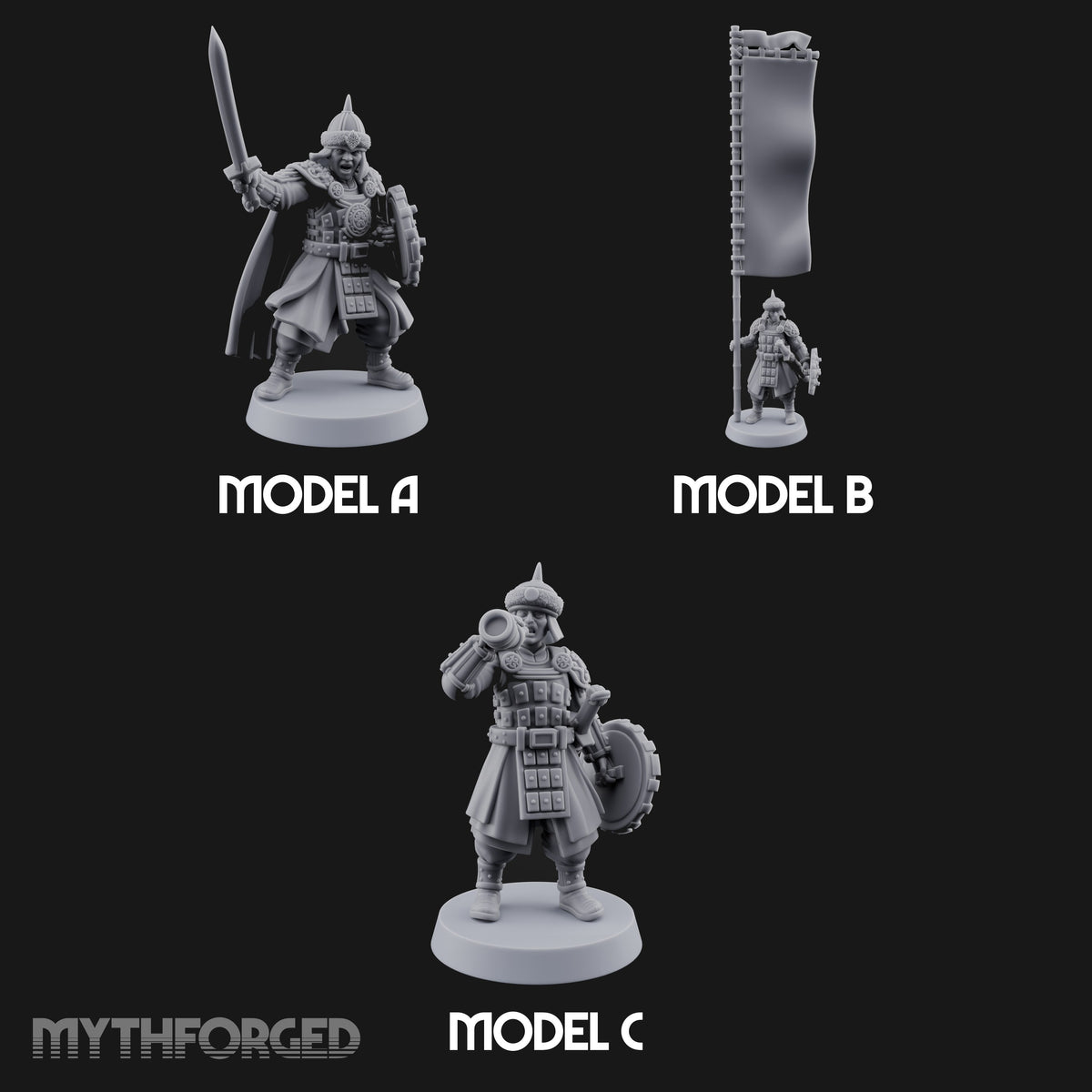 Horn, Banner and Blade Human Steppe Command Group with Captain, Banner Bearer and Horn Player — All