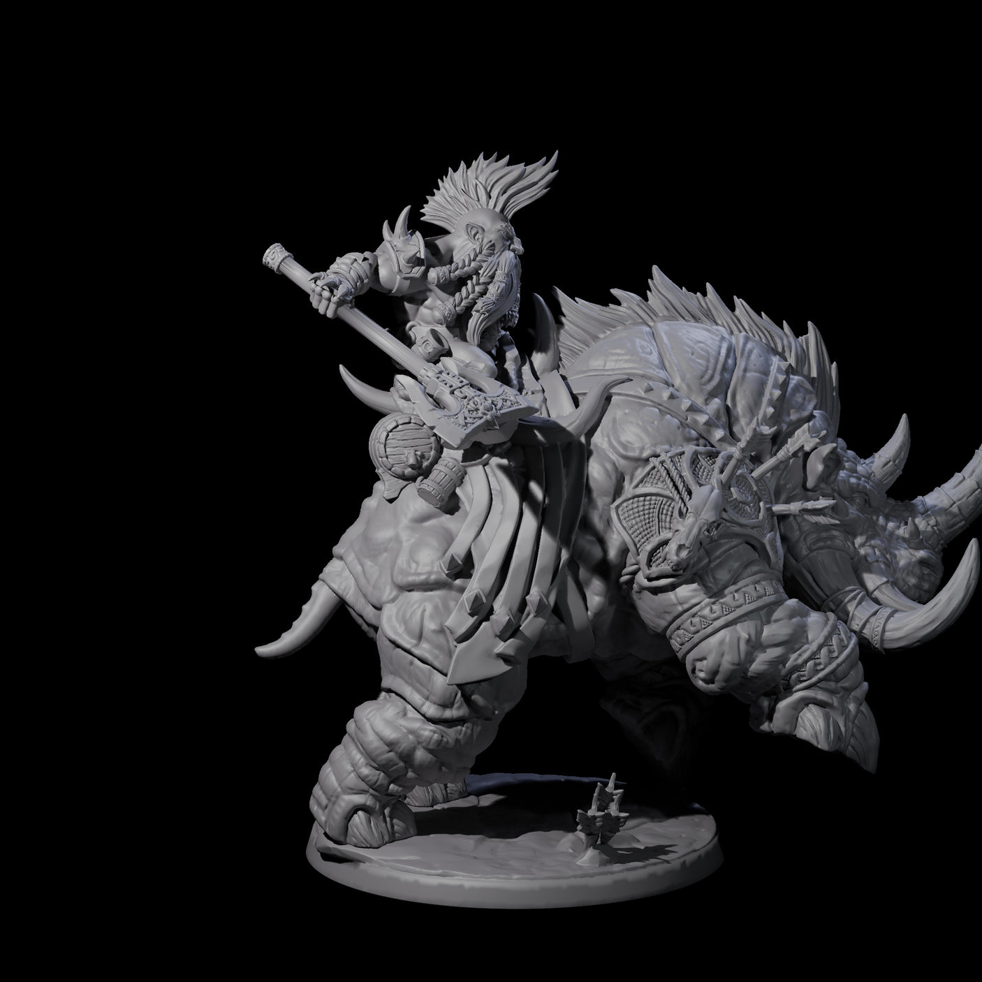 Berserker Dwarf riding Rhino B Miniature for Dungeons and Dragons, Pathfinder or other TTRPGs