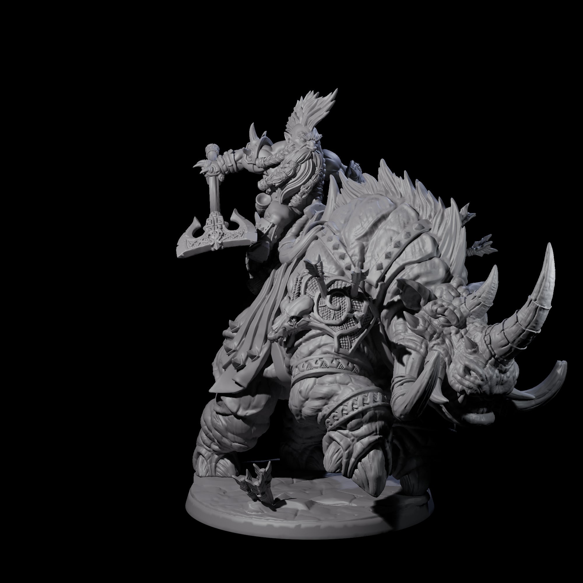 Berserker Dwarf riding Rhino B Miniature for Dungeons and Dragons, Pathfinder or other TTRPGs