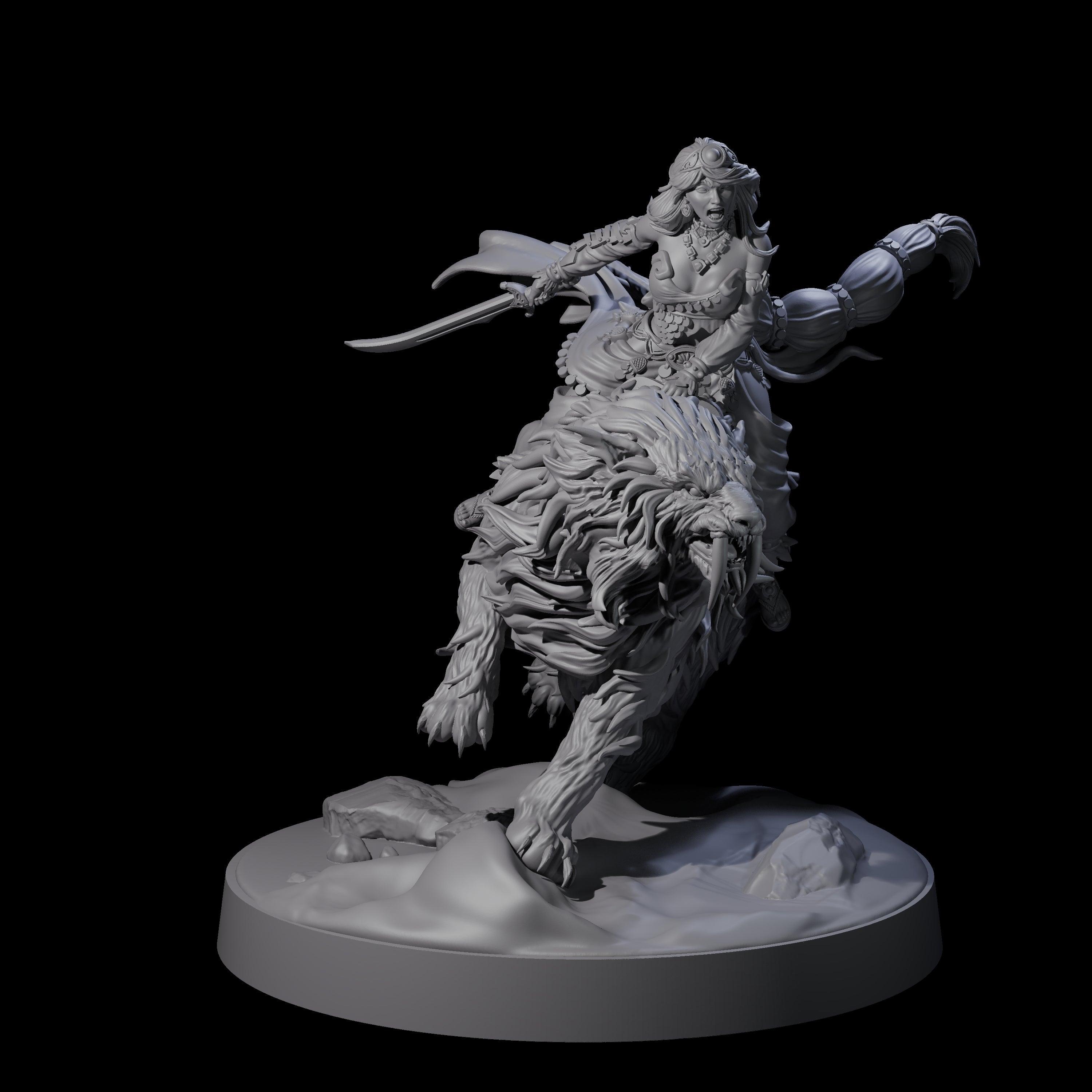 Big Hair Princess Riding a Shaggy Tiger Miniature for Dungeons and Dragons, Pathfinder or other TTRPGs