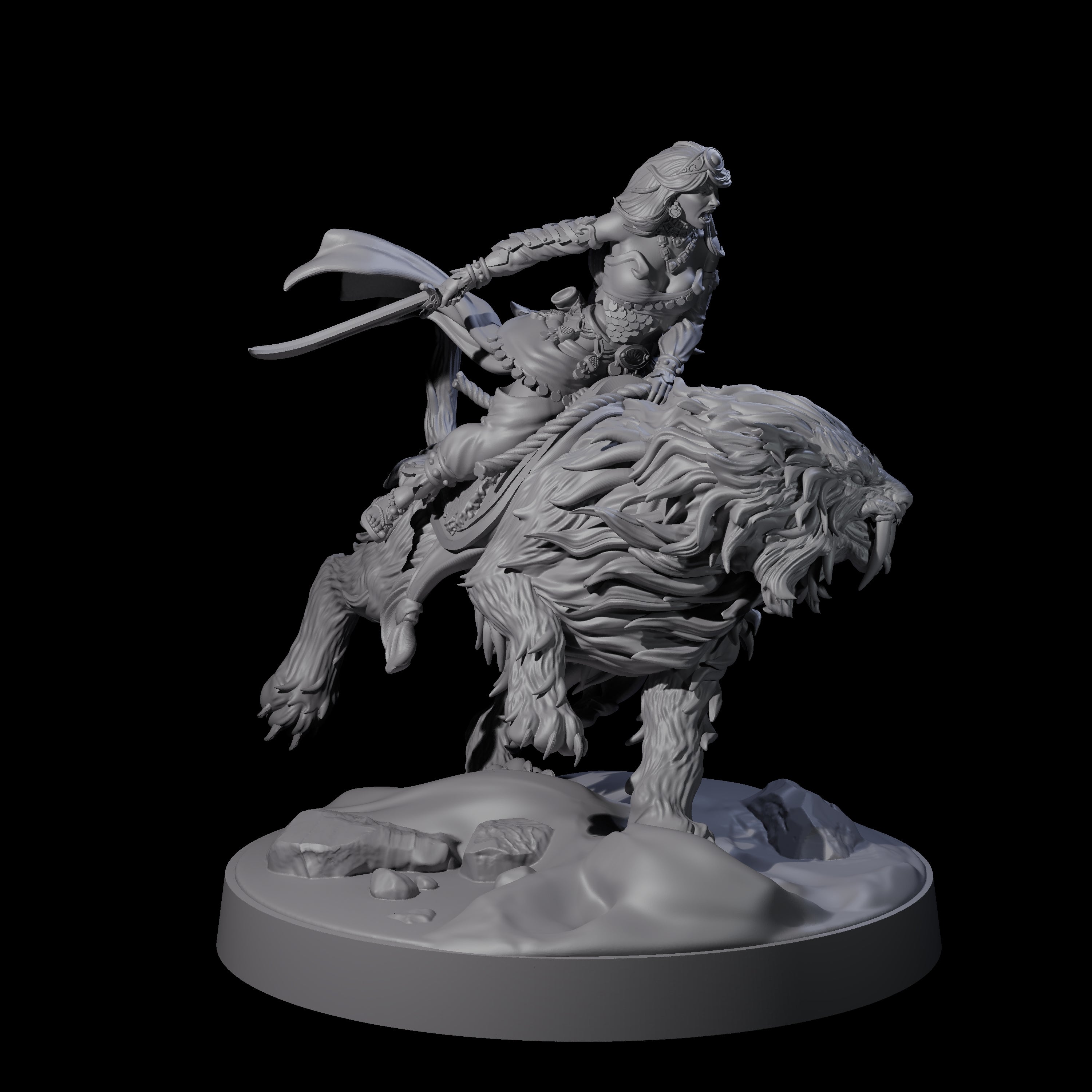 Big Hair Princess Riding a Shaggy Tiger Miniature for Dungeons and Dragons, Pathfinder or other TTRPGs