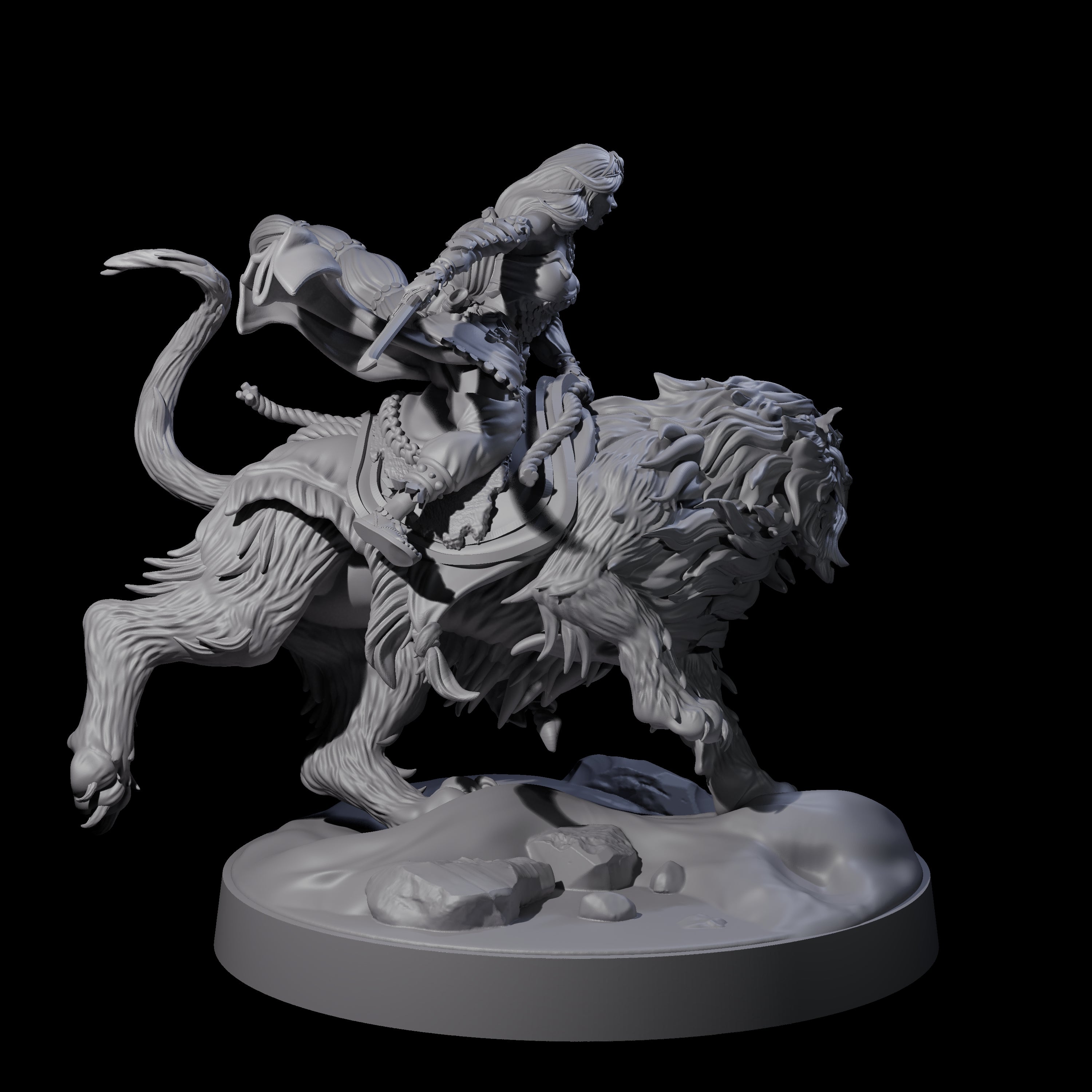 Big Hair Princess Riding a Shaggy Tiger Miniature for Dungeons and Dragons, Pathfinder or other TTRPGs