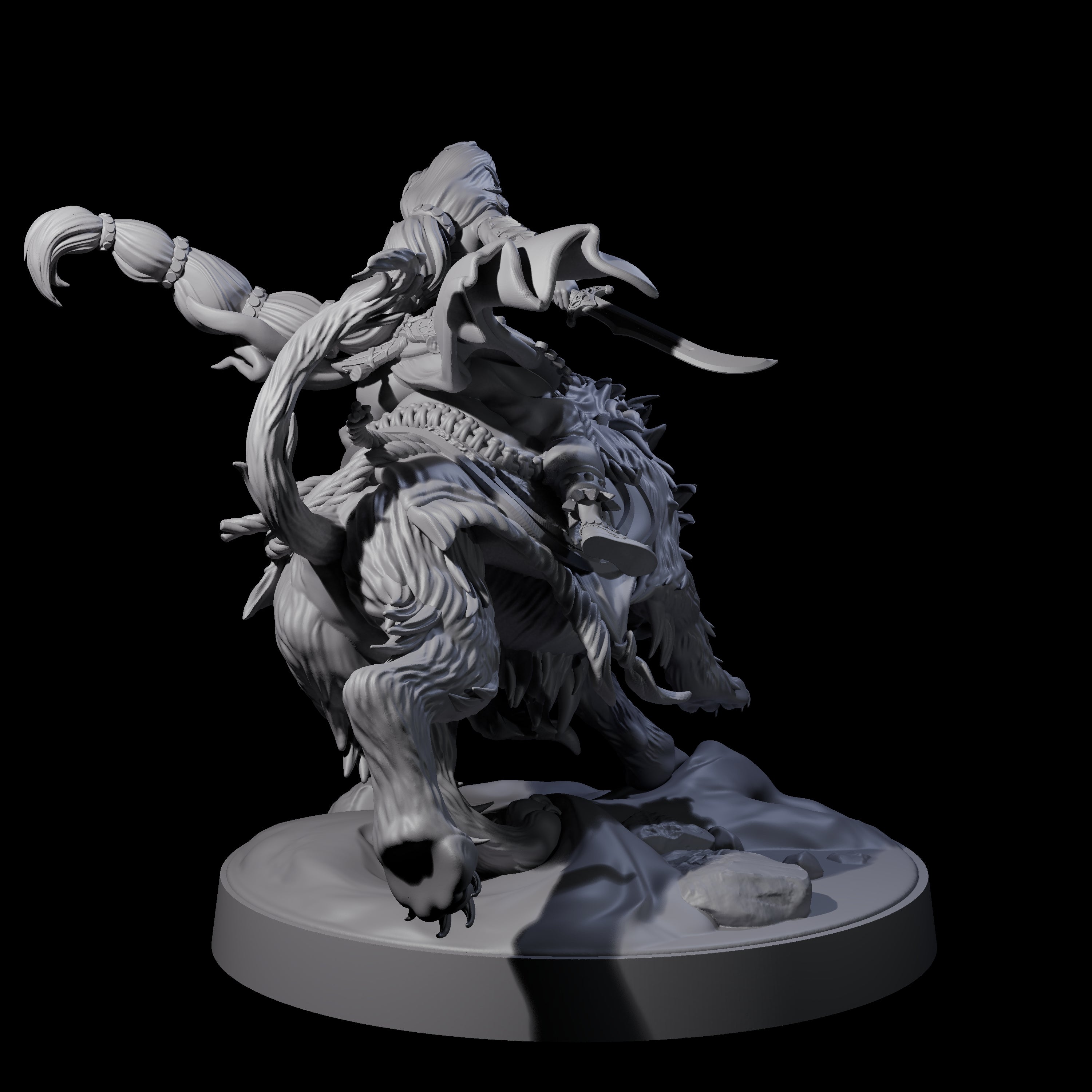 Big Hair Princess Riding a Shaggy Tiger Miniature for Dungeons and Dragons, Pathfinder or other TTRPGs