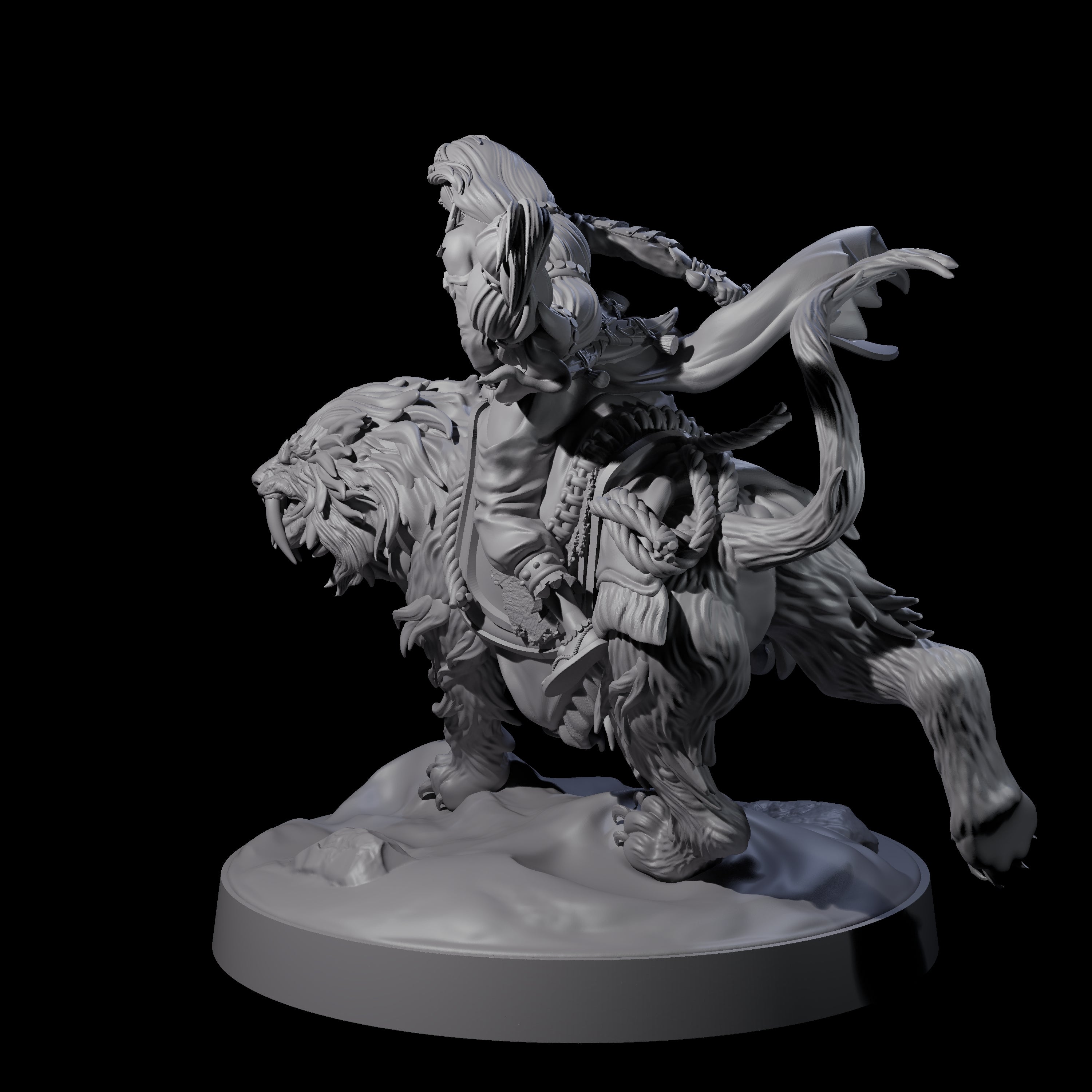 Big Hair Princess Riding a Shaggy Tiger Miniature for Dungeons and Dragons, Pathfinder or other TTRPGs