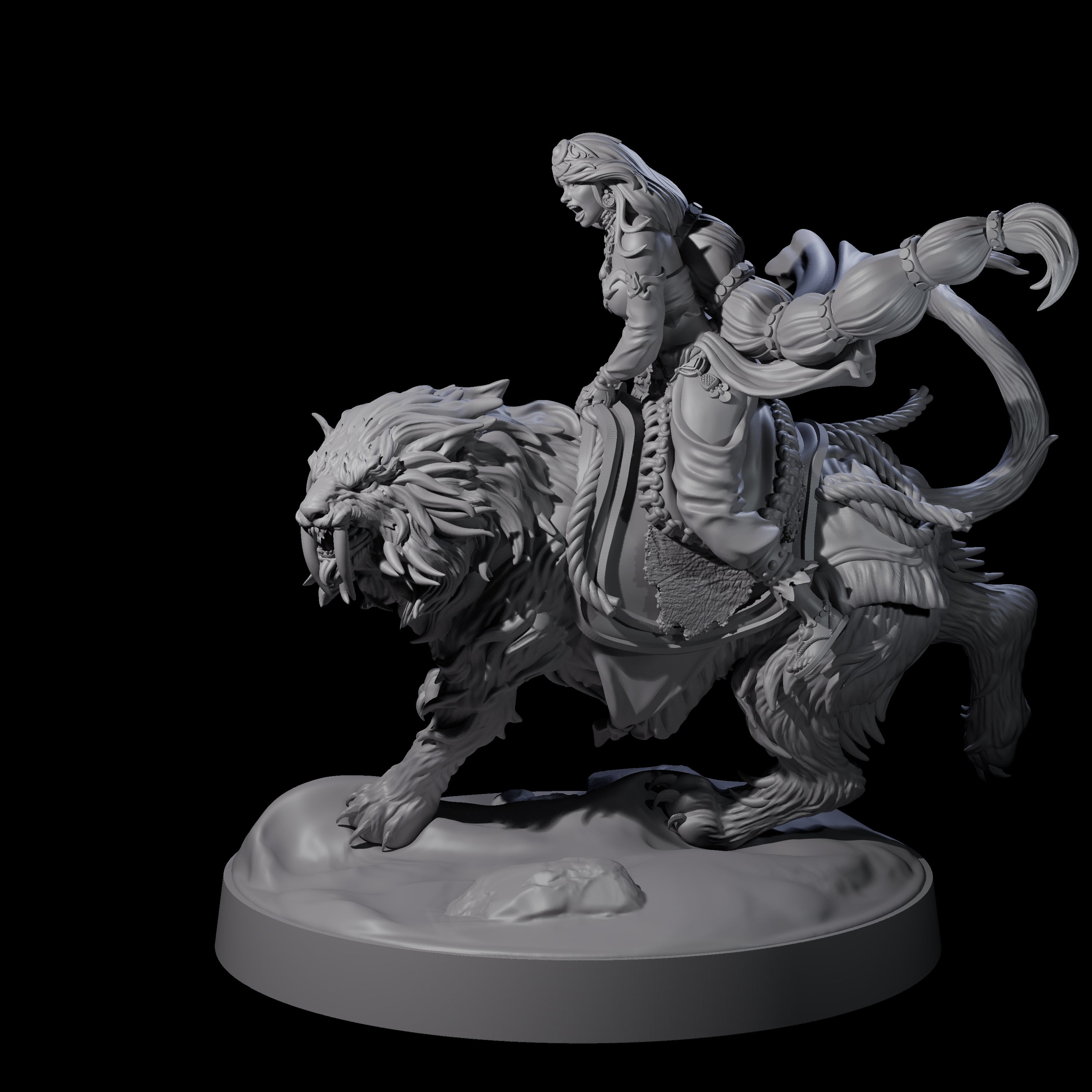Big Hair Princess Riding a Shaggy Tiger Miniature for Dungeons and Dragons, Pathfinder or other TTRPGs
