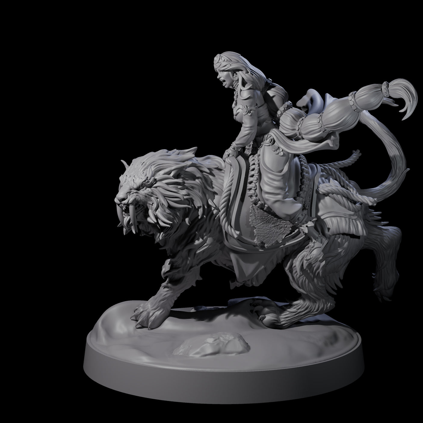 Big Hair Princess Riding a Shaggy Tiger Miniature for Dungeons and Dragons, Pathfinder or other TTRPGs