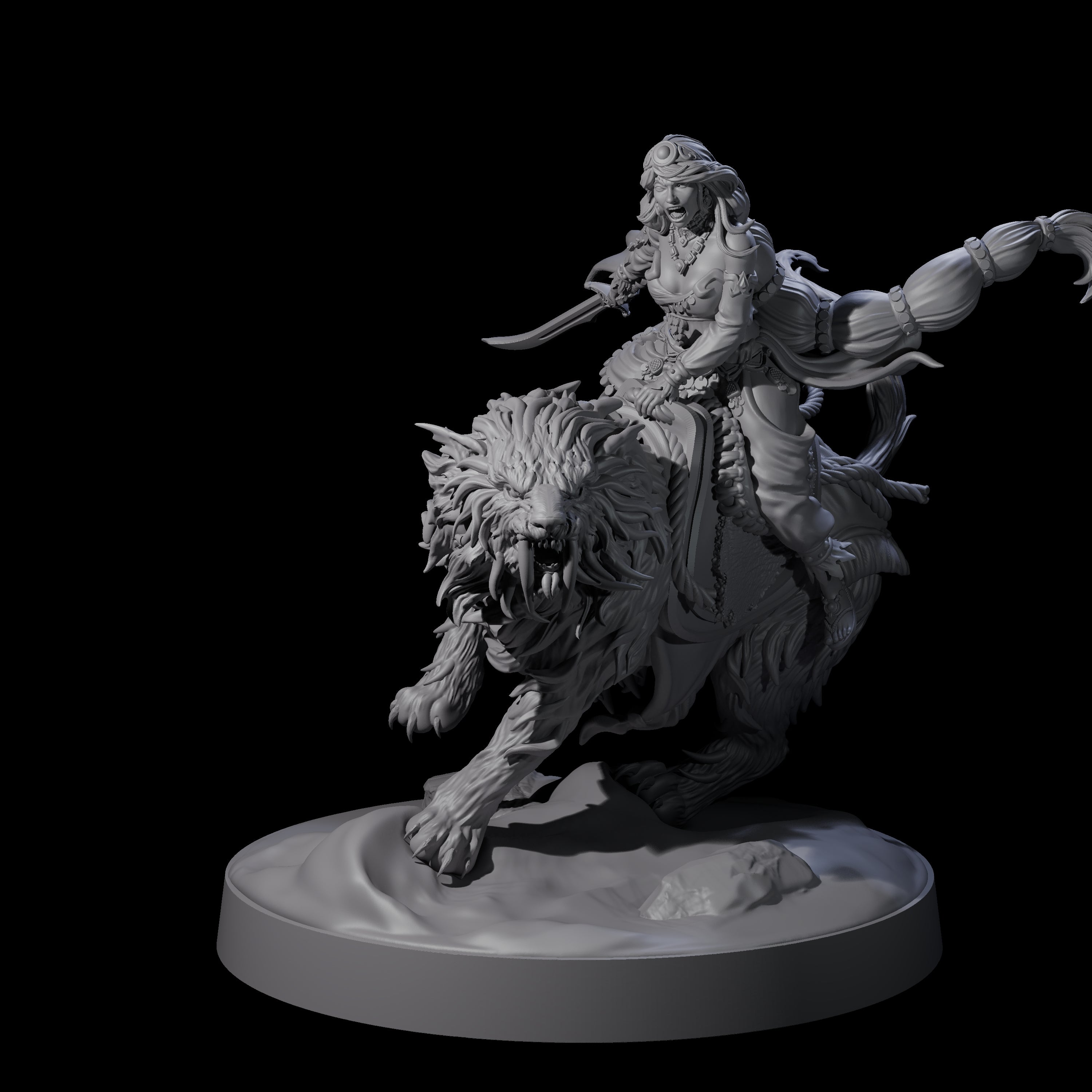 Big Hair Princess Riding a Shaggy Tiger Miniature for Dungeons and Dragons, Pathfinder or other TTRPGs