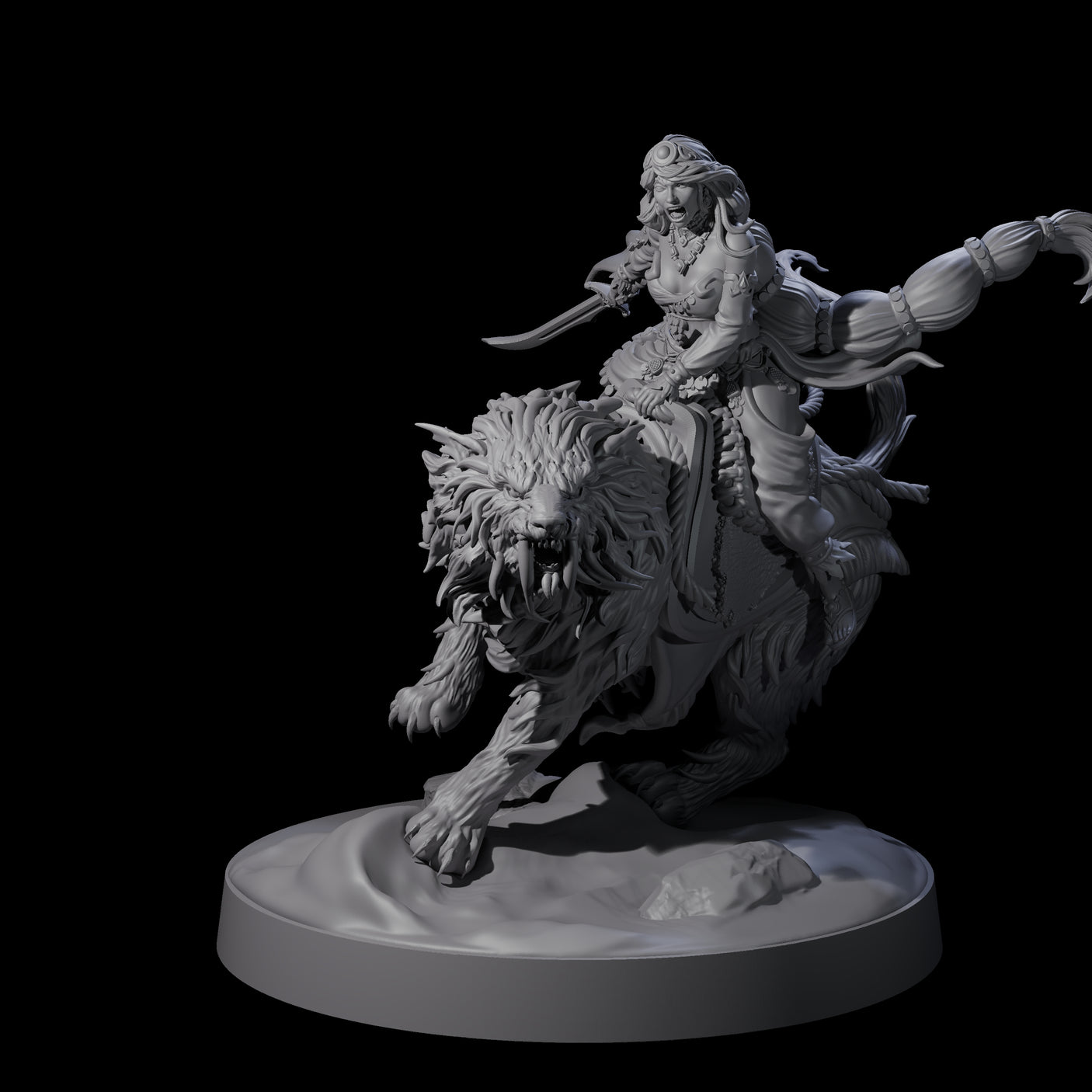 Big Hair Princess Riding a Shaggy Tiger Miniature for Dungeons and Dragons, Pathfinder or other TTRPGs