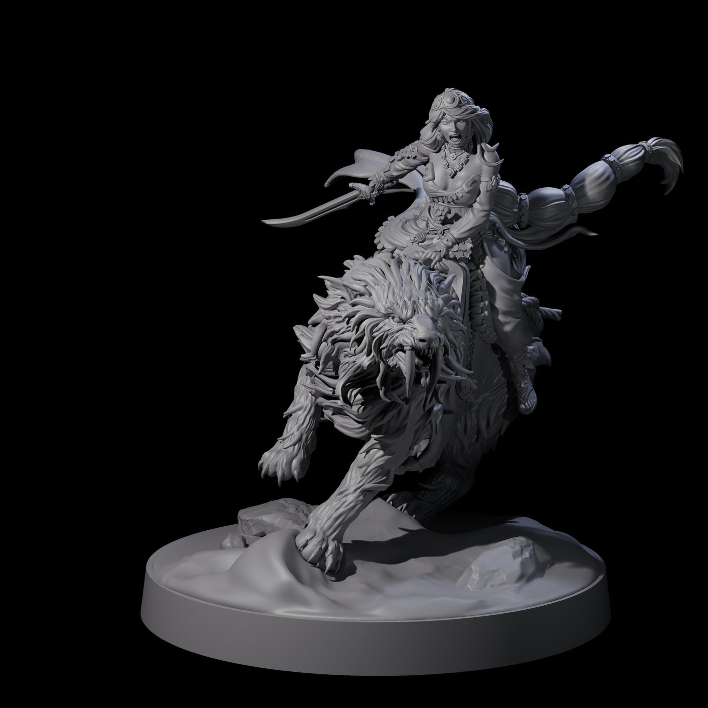 Big Hair Princess Riding a Shaggy Tiger Miniature for Dungeons and Dragons, Pathfinder or other TTRPGs