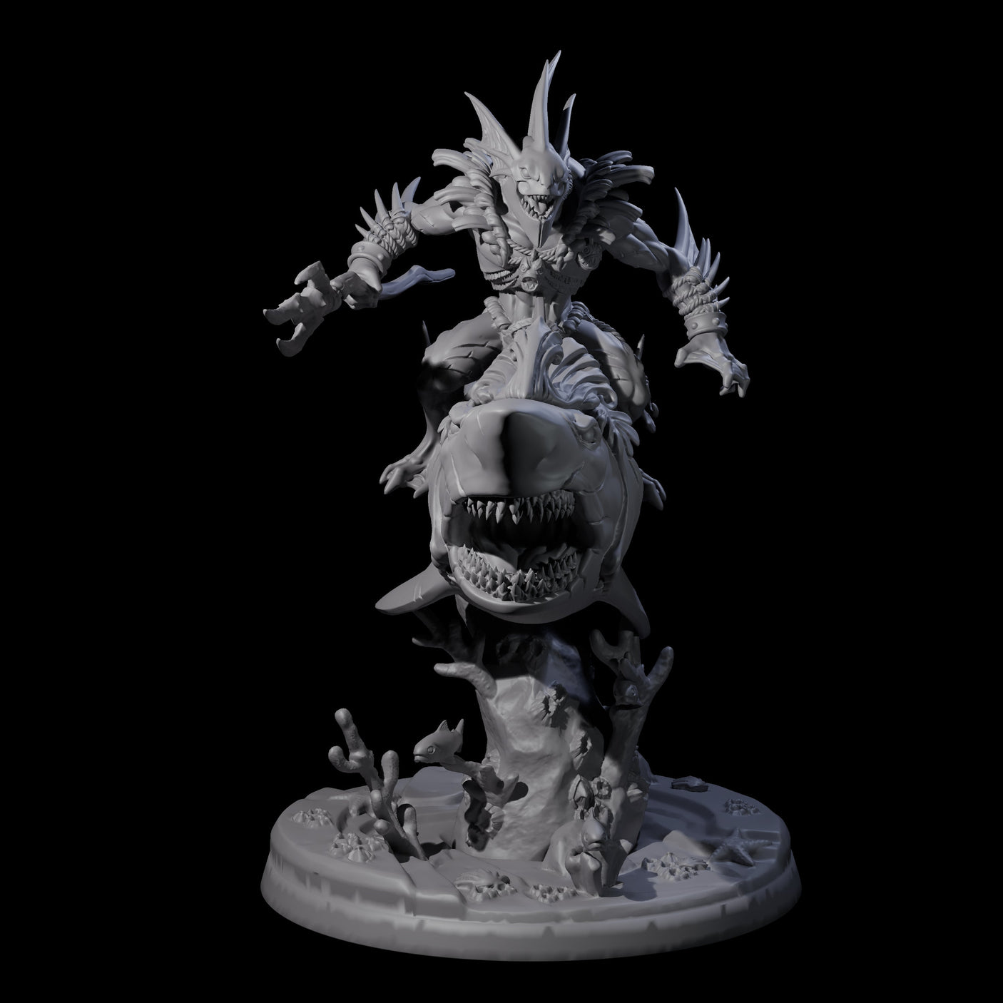 Dripping Sahuagin Warrior riding Shark B Miniature for Dungeons and Dragons, Pathfinder or other TTRPGs