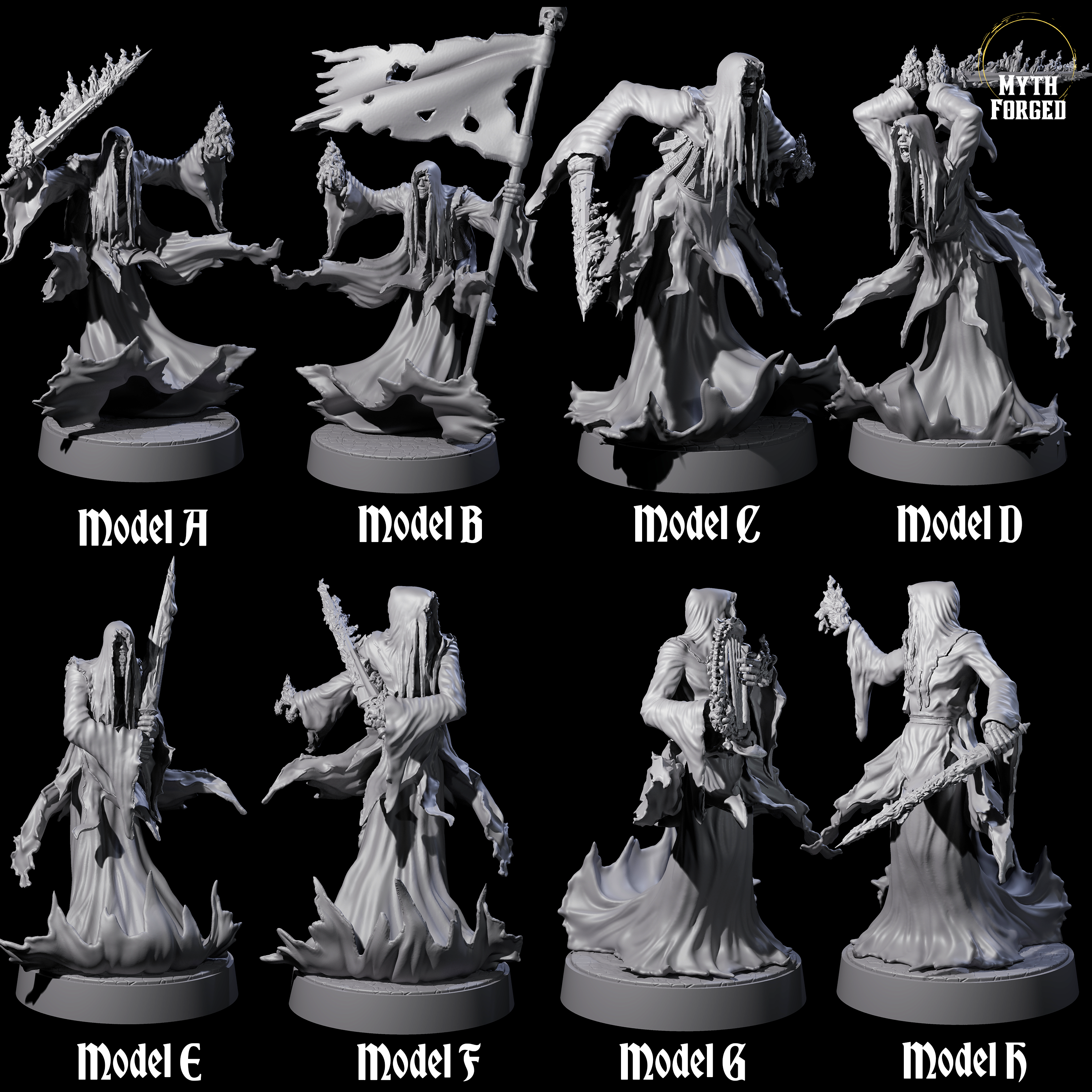 Eight Flaming Wraiths Miniature for Dungeons and Dragons, Pathfinder or other TTRPGs