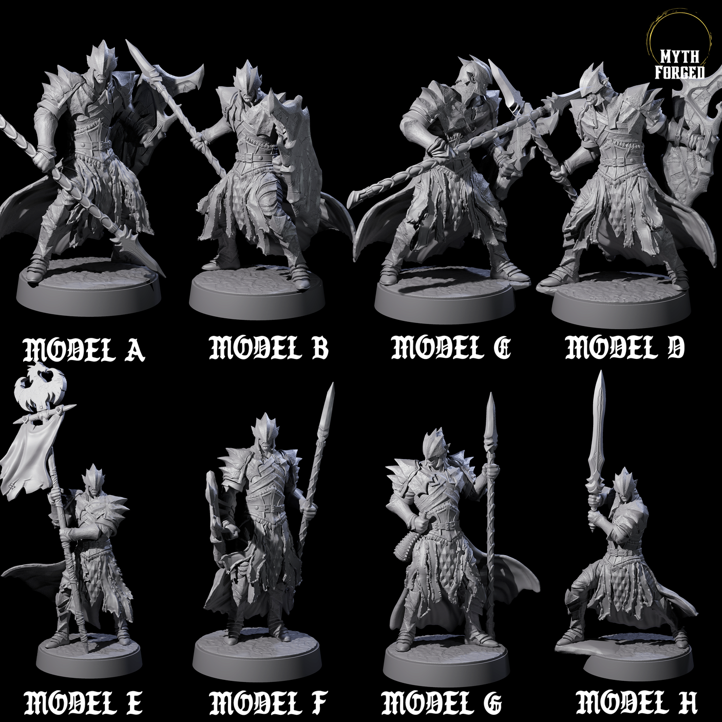 Eight Grimacing Elf Spearmen Miniature for Dungeons and Dragons, Pathfinder or other TTRPGs