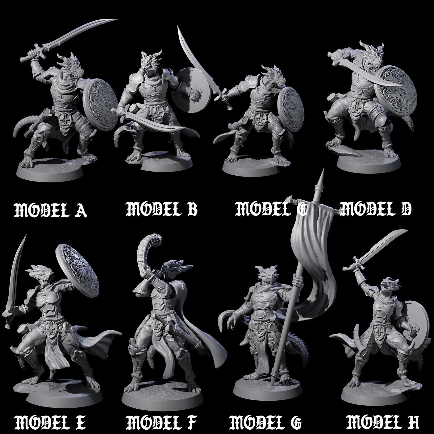 Eight Swinging Dragonborn Flameblades Miniature for Dungeons and Dragons, Pathfinder or other TTRPGs
