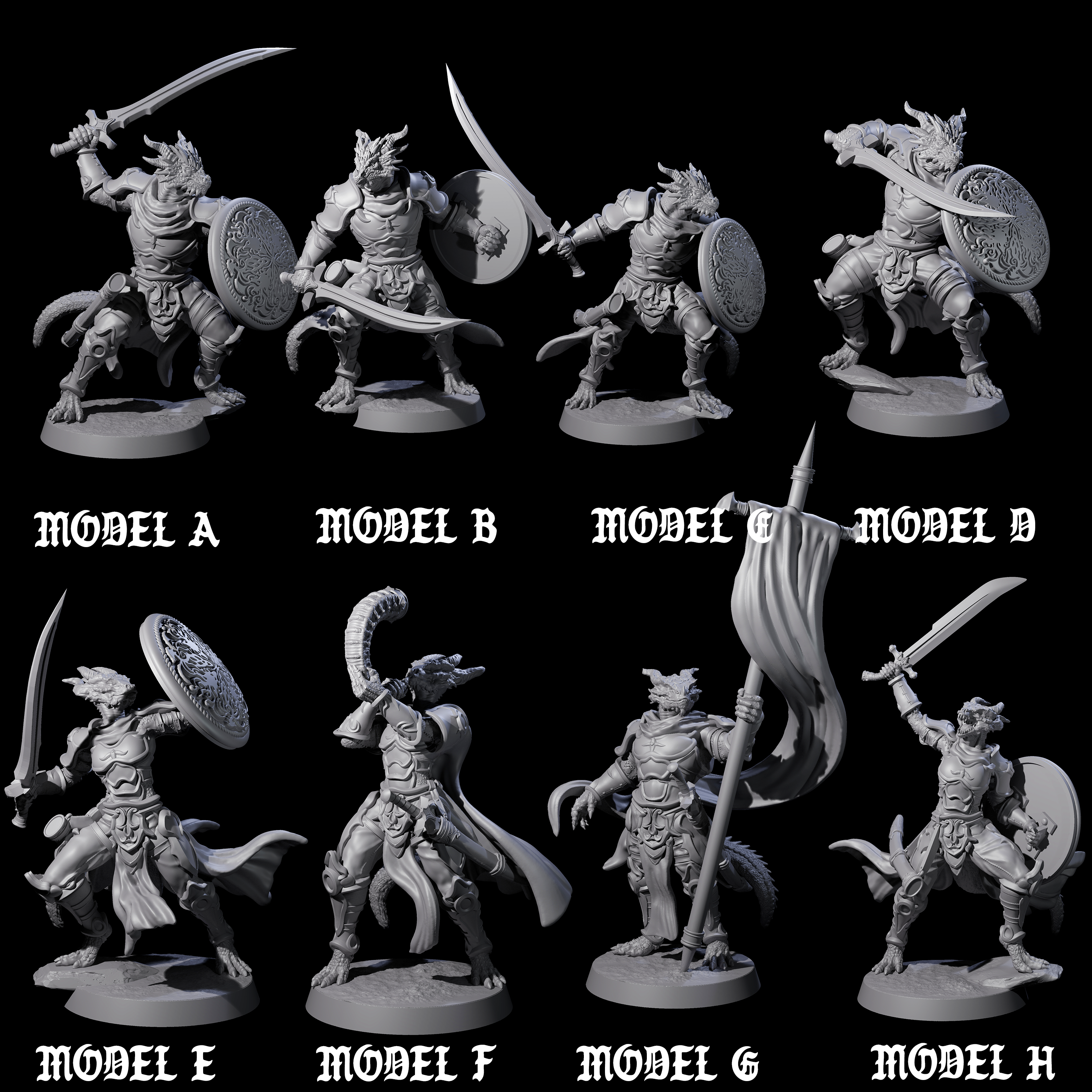 Eight Swinging Dragonborn Flameblades Miniature for Dungeons and Dragons, Pathfinder or other TTRPGs