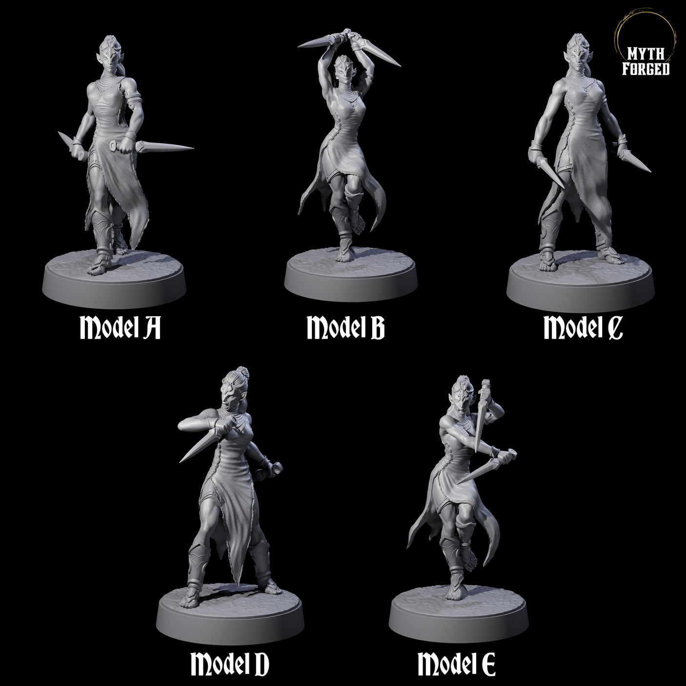 Five Slender Yuan-ti Priestesses Miniature for Dungeons and Dragons, Pathfinder or other TTRPGs