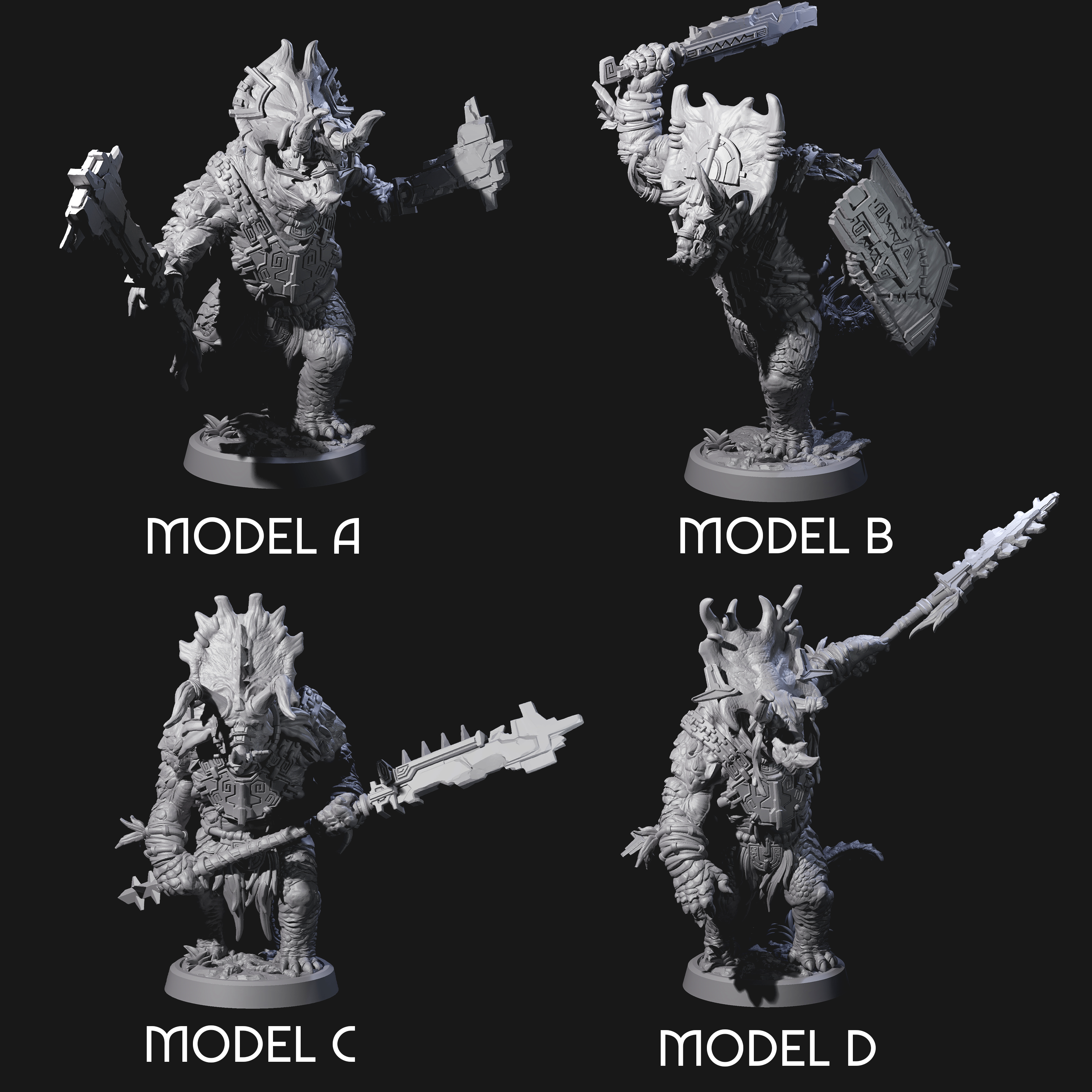 Four Attacking Triceratops Warriors Miniature for Dungeons and Dragons, Pathfinder or other TTRPGs