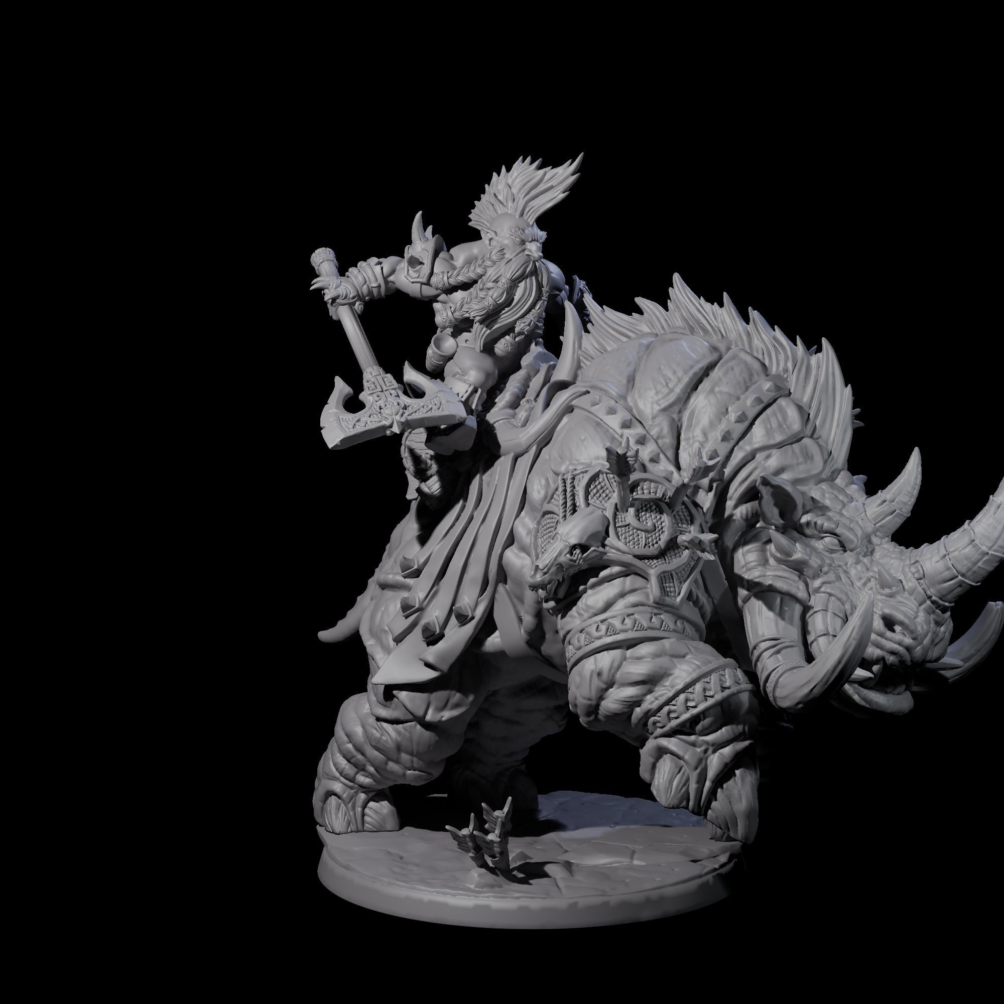 Four Berserker Dwarves riding Tundra Rhinos Miniature for Dungeons and Dragons, Pathfinder or other TTRPGs