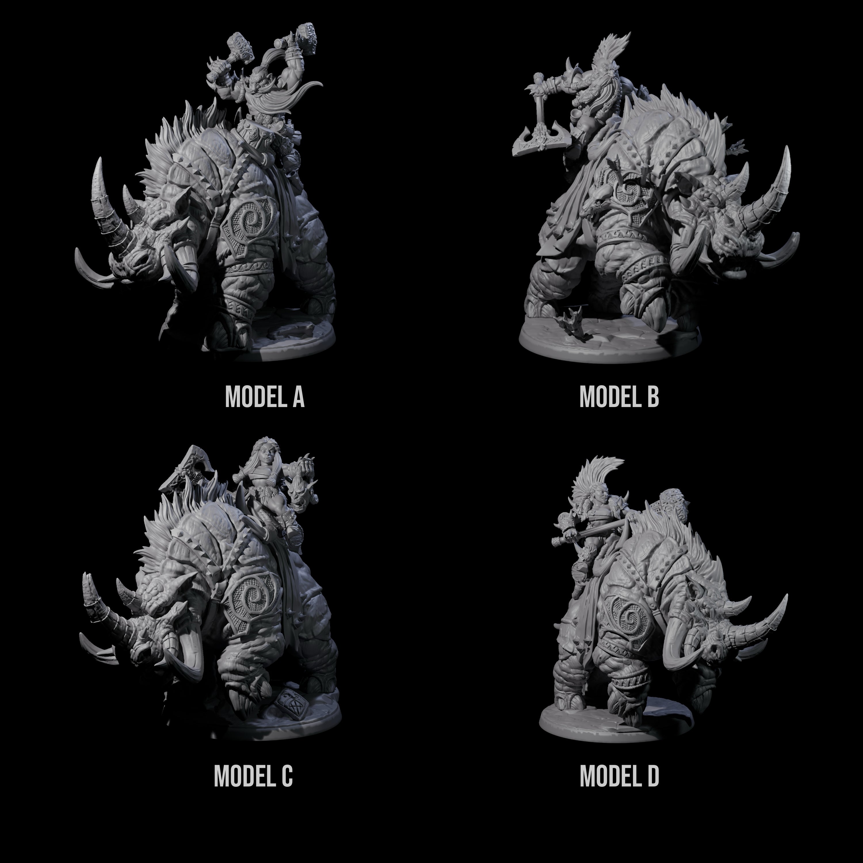 Four Berserker Dwarves riding Tundra Rhinos Miniature for Dungeons and Dragons, Pathfinder or other TTRPGs