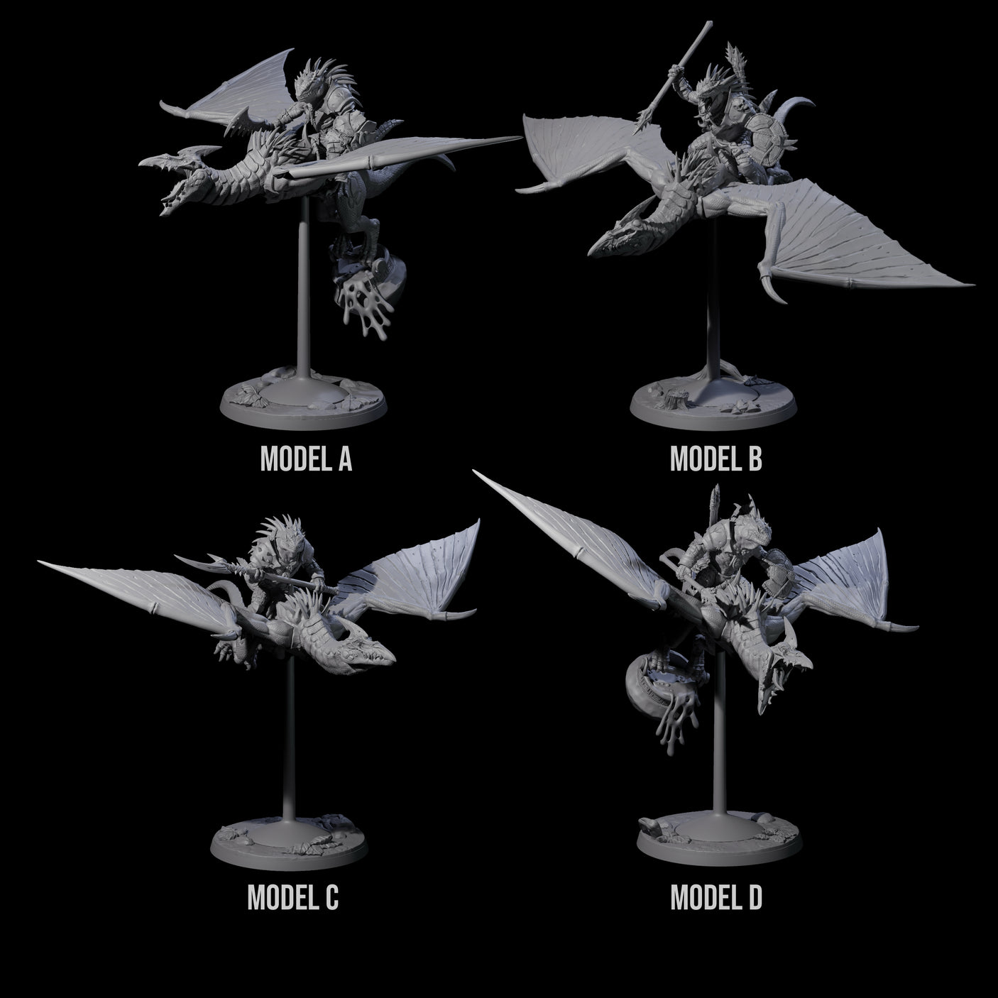 Four Boiling Lizardfolk Pteranodon Riders Miniature for Dungeons and Dragons, Pathfinder or other TTRPGs