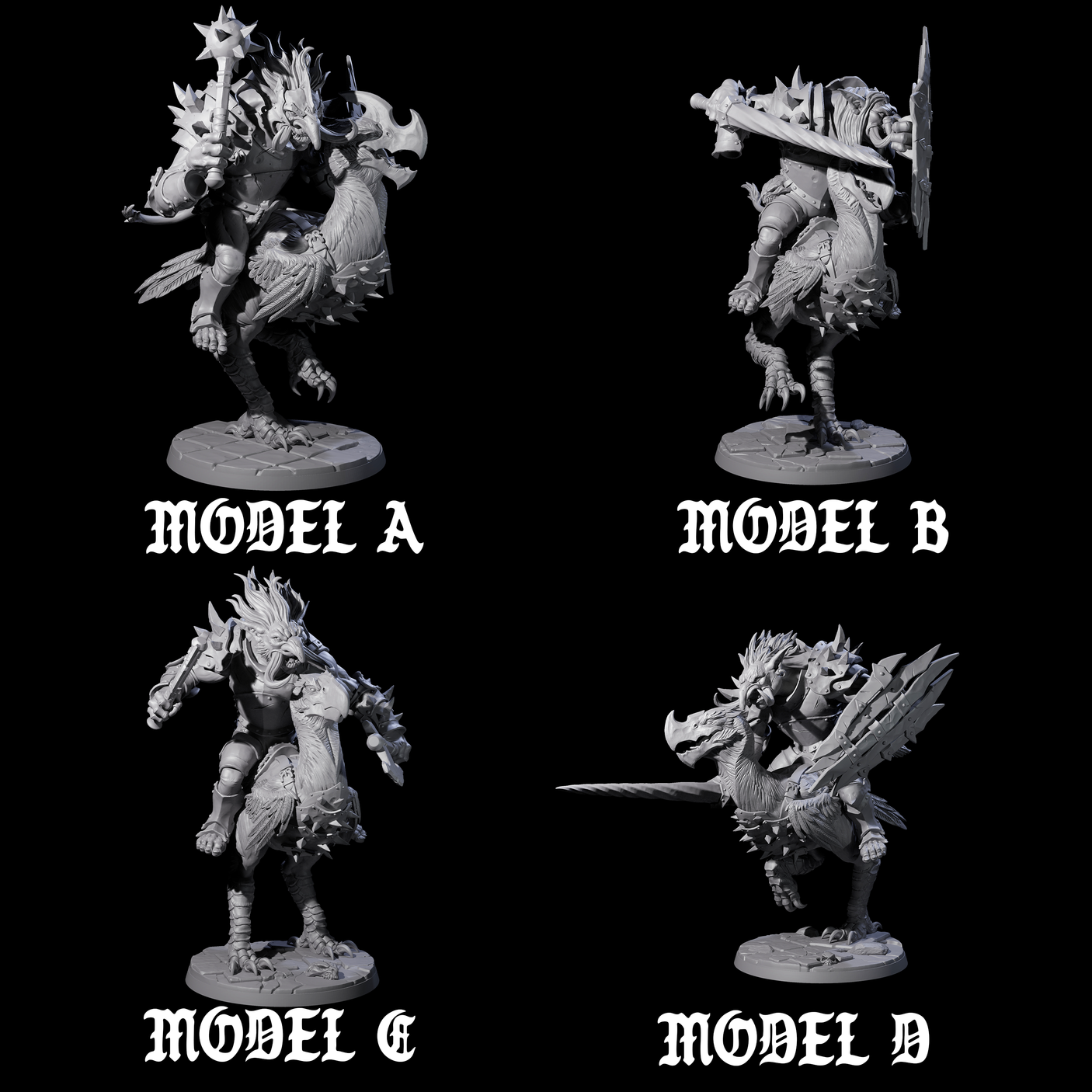 Four Charging Troll Riders on Axe Beaks Miniature for Dungeons and Dragons, Pathfinder or other TTRPGs