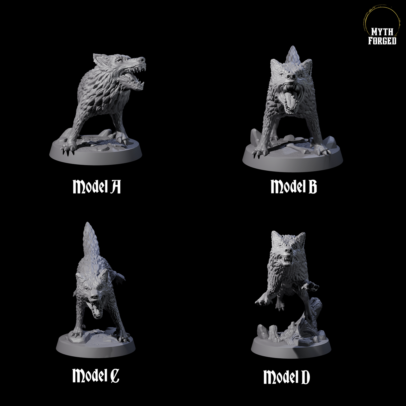 Four Growling Wolves Miniature for Dungeons and Dragons, Pathfinder or other TTRPGs