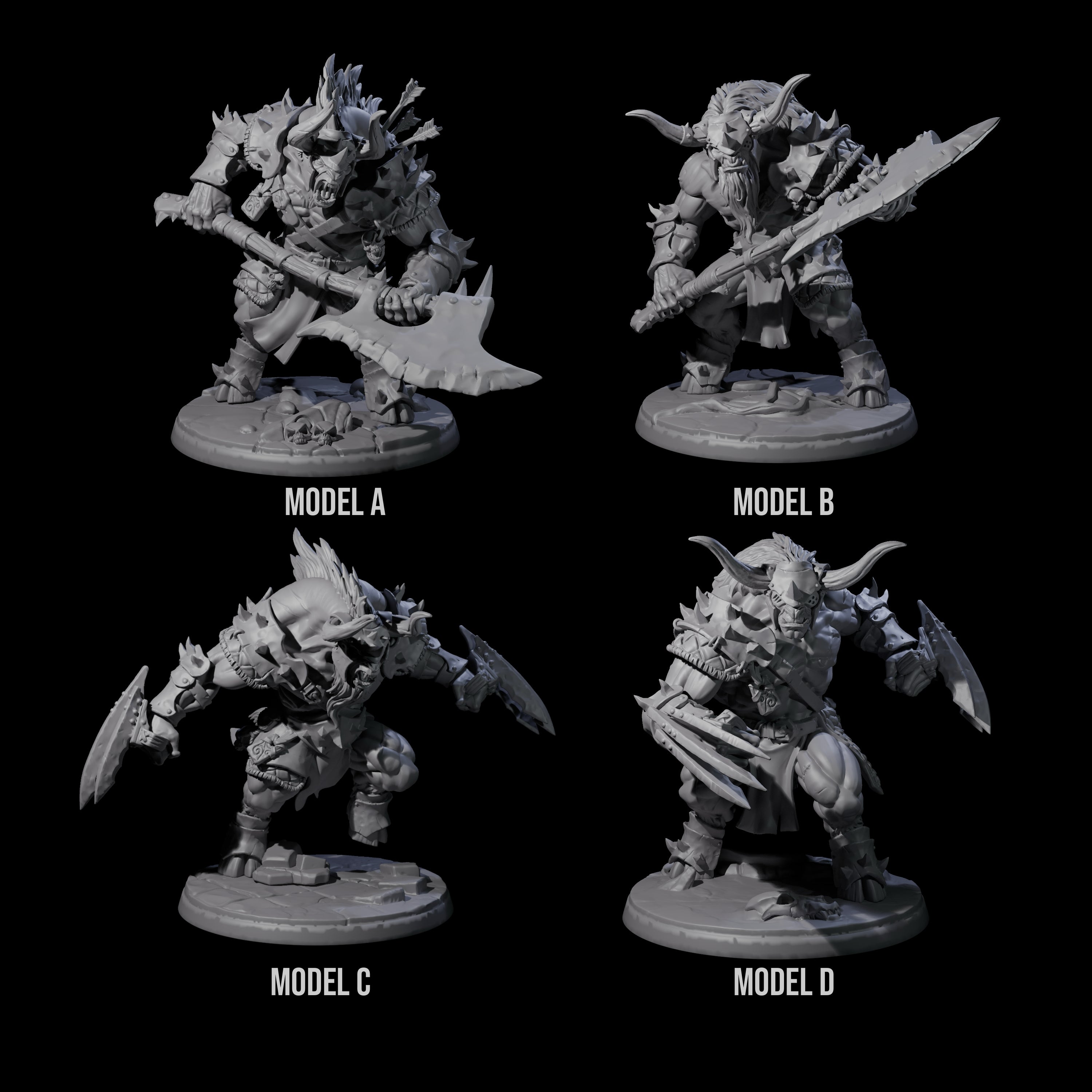 Four Grusome Minotaurs Miniature for Dungeons and Dragons, Pathfinder or other TTRPGs