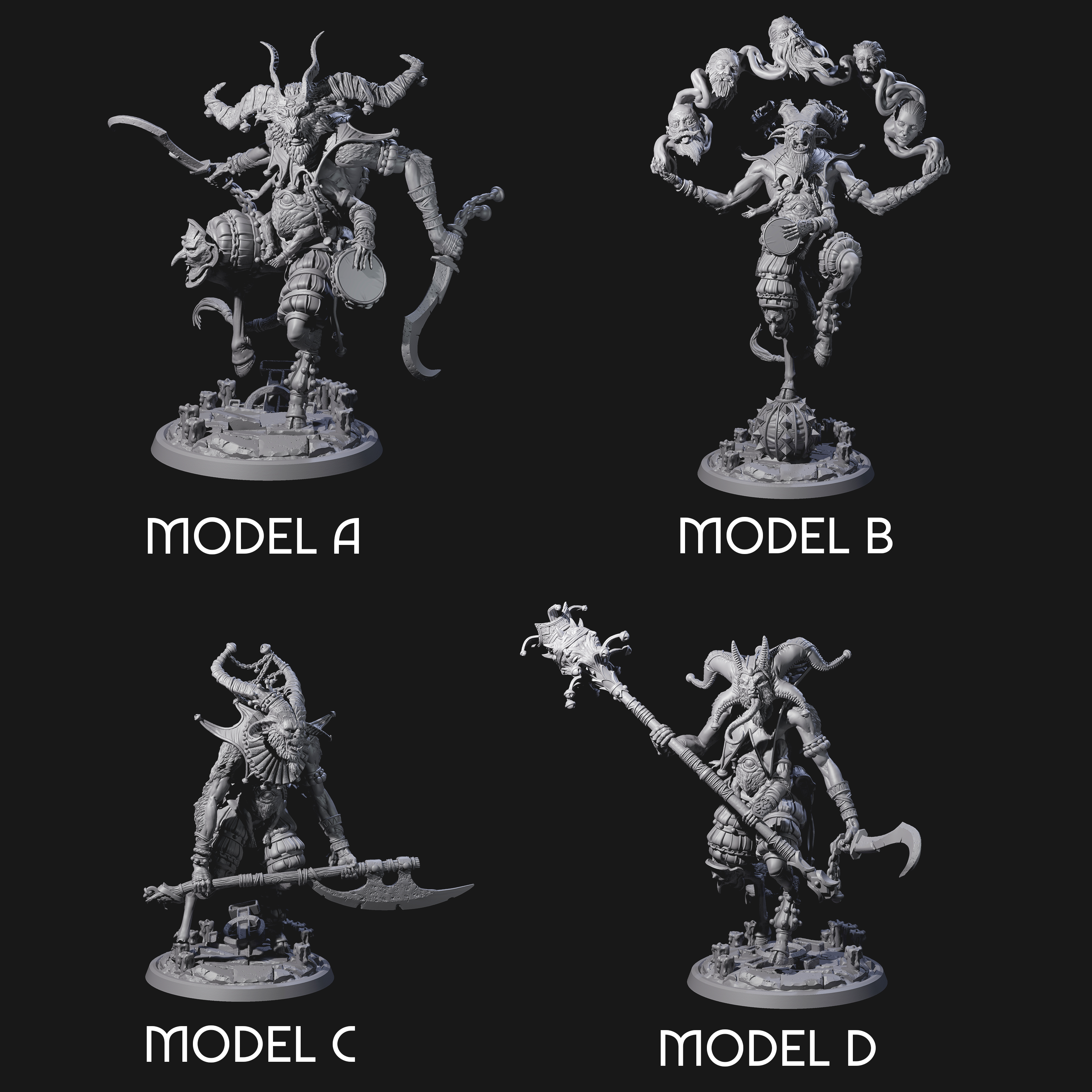 Four Prancing Jester Goristro Brutes Miniature for Dungeons and Dragons, Pathfinder or other TTRPGs