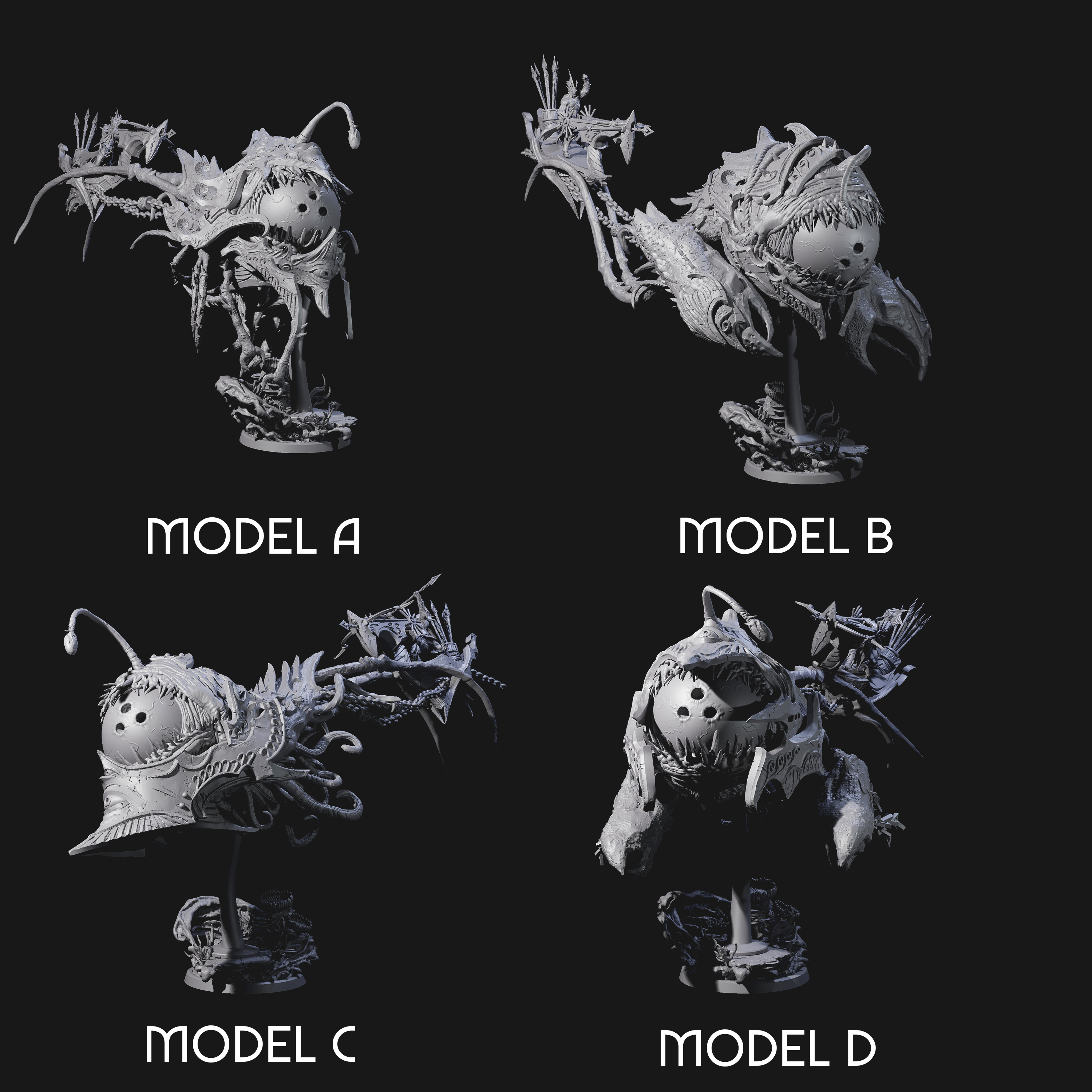 Four Sea Elves Piloting an Abyssal Lanternfish Miniature for Dungeons and Dragons, Pathfinder or other TTRPGs