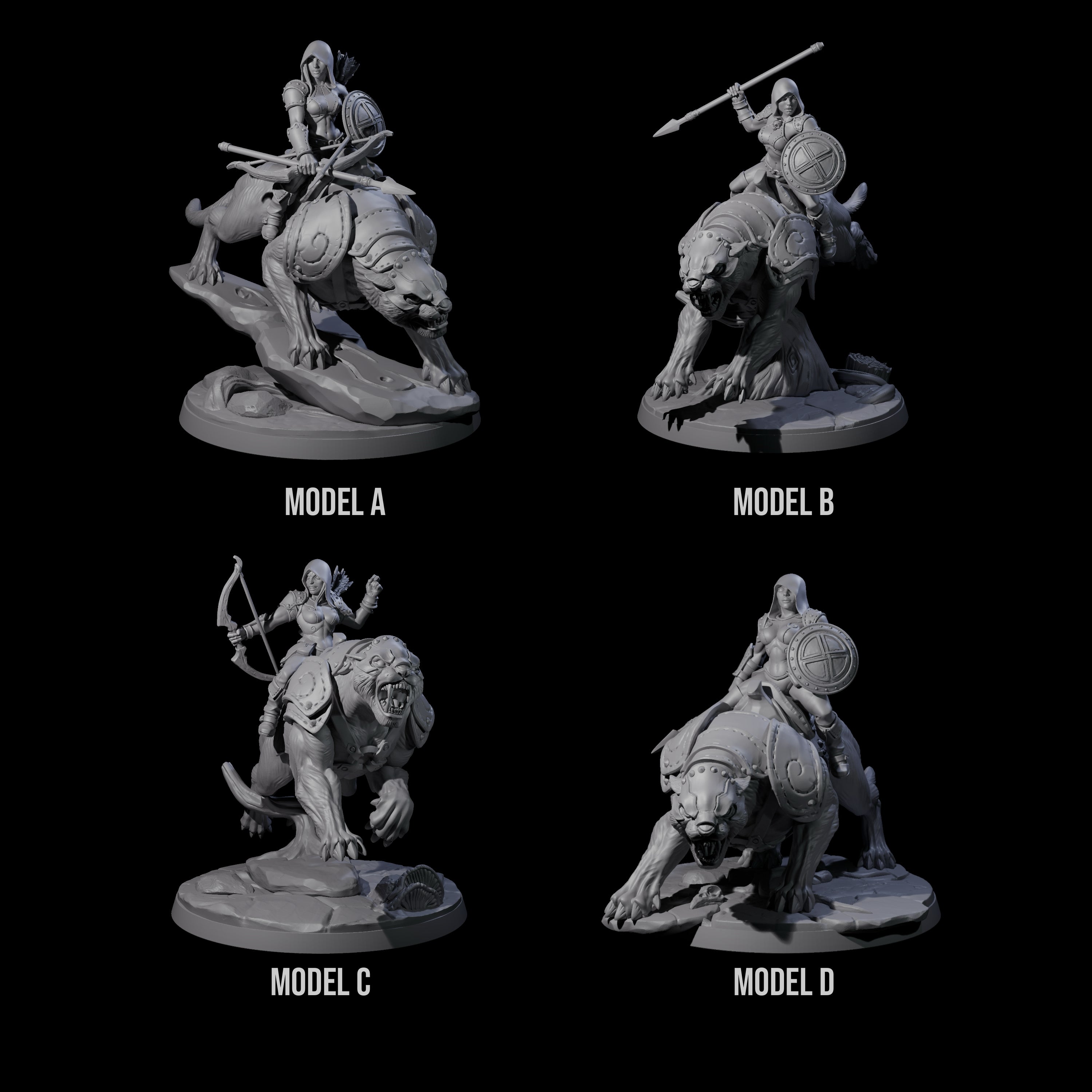 Four Shadowy Assassin Sisters riding Panthers Miniature for Dungeons and Dragons, Pathfinder or other TTRPGs