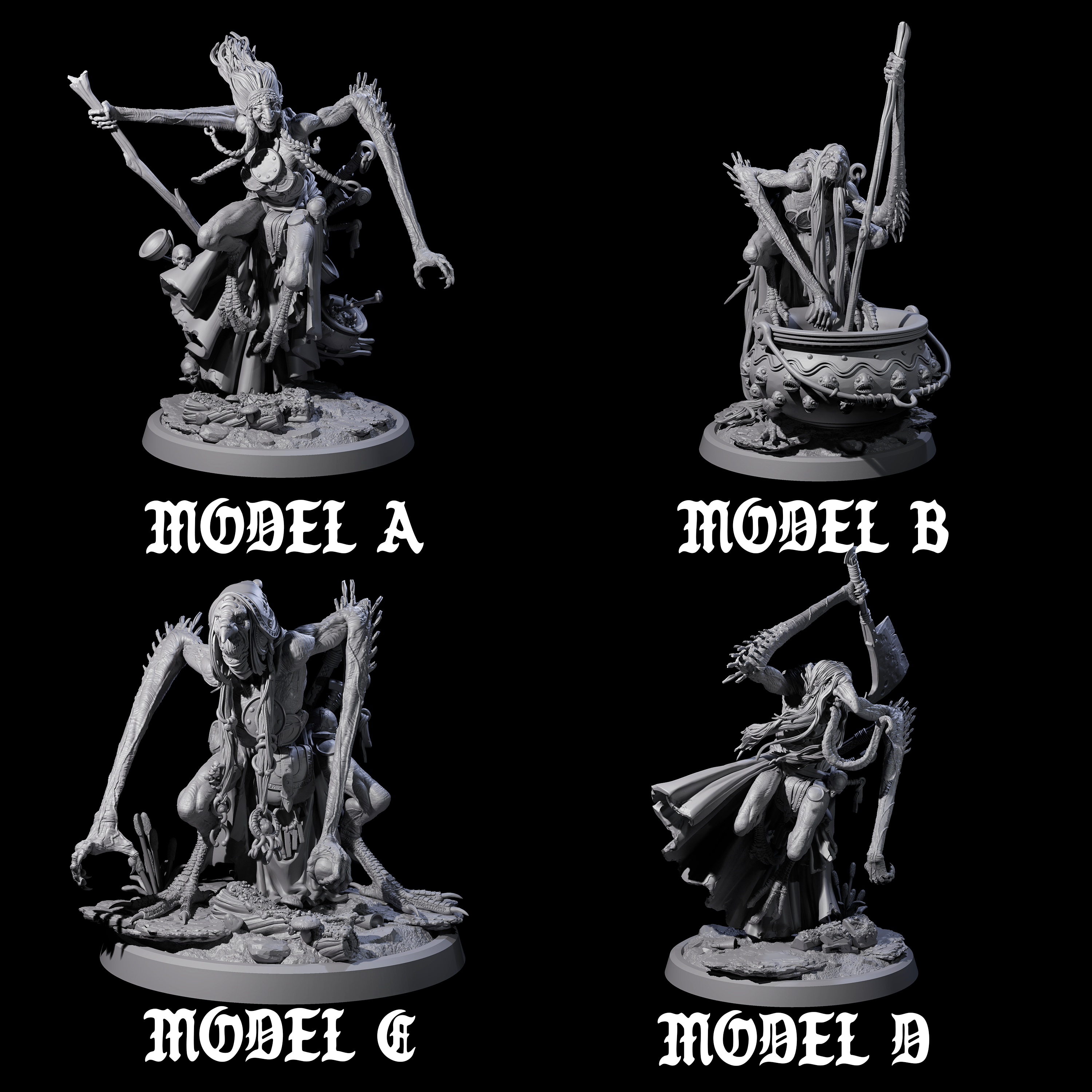 Four Spindly Forest Hags Miniature for Dungeons and Dragons, Pathfinder or other TTRPGs