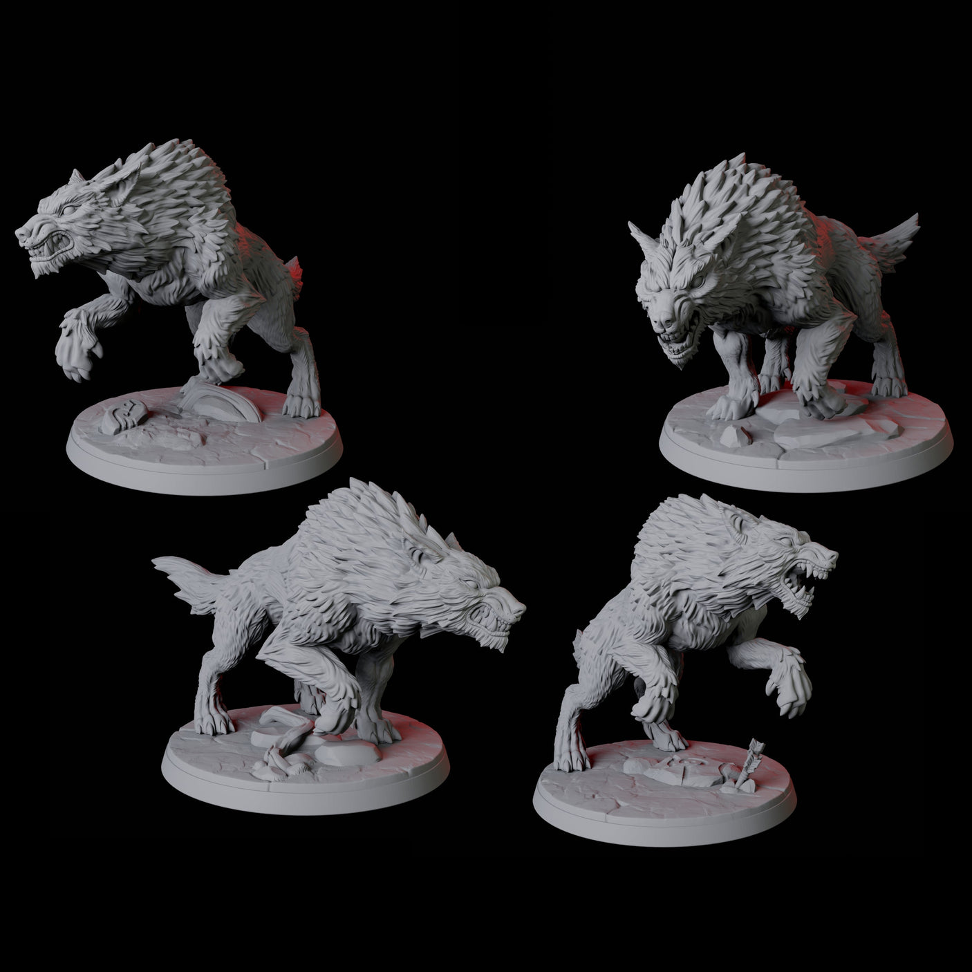 Four Stalking Wolves Miniature for Dungeons and Dragons, Pathfinder or other TTRPGs