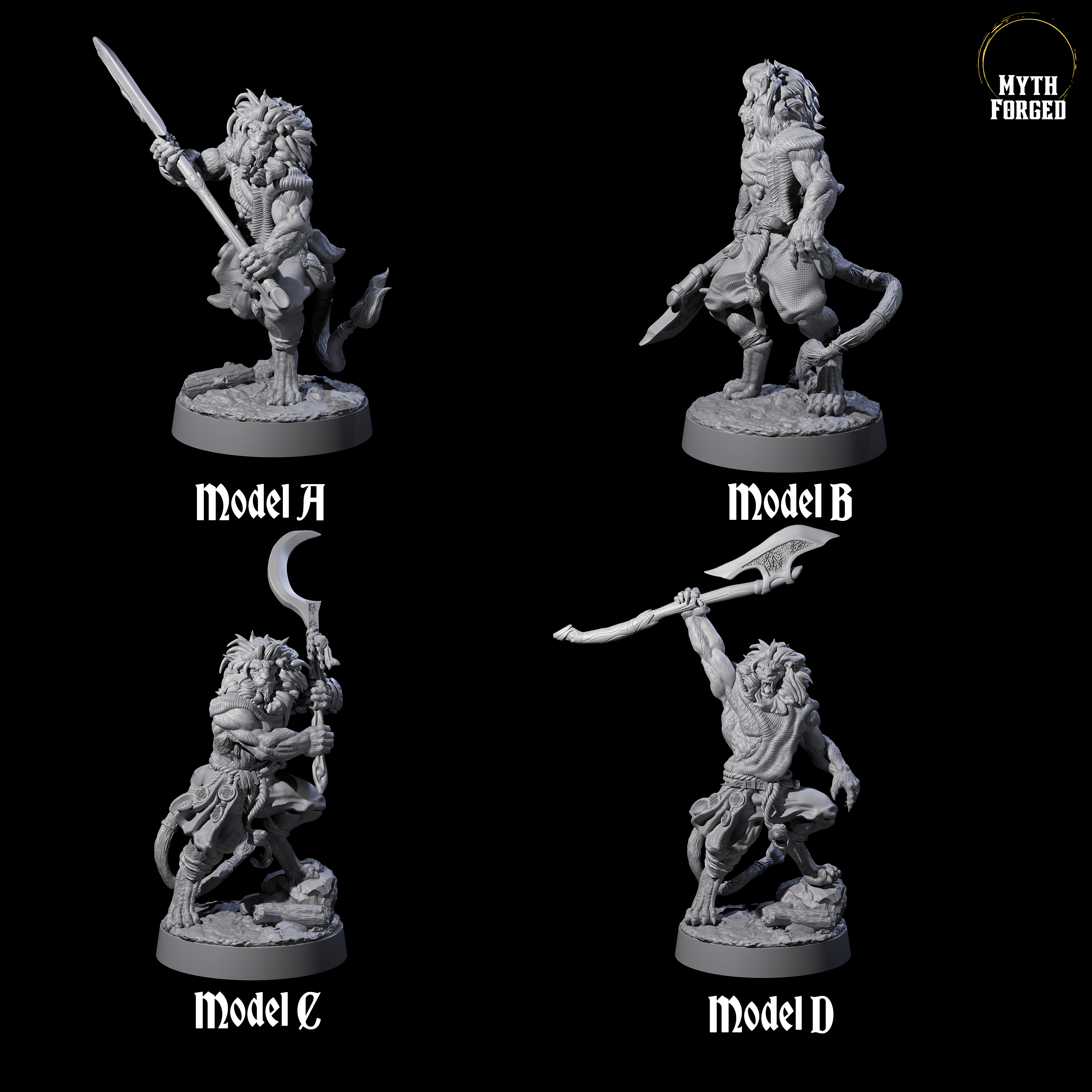 Four Striking Leonin Warblades Miniature for Dungeons and Dragons, Pathfinder or other TTRPGs
