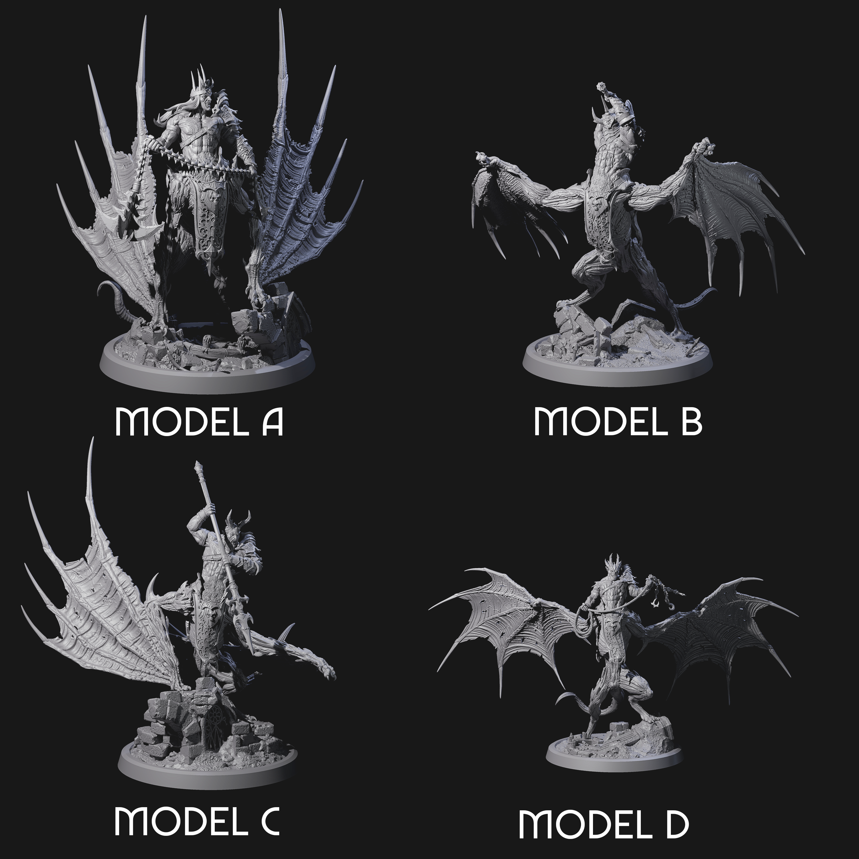 Four Swinging Bat-Like Cambions Miniature for Dungeons and Dragons, Pathfinder or other TTRPGs