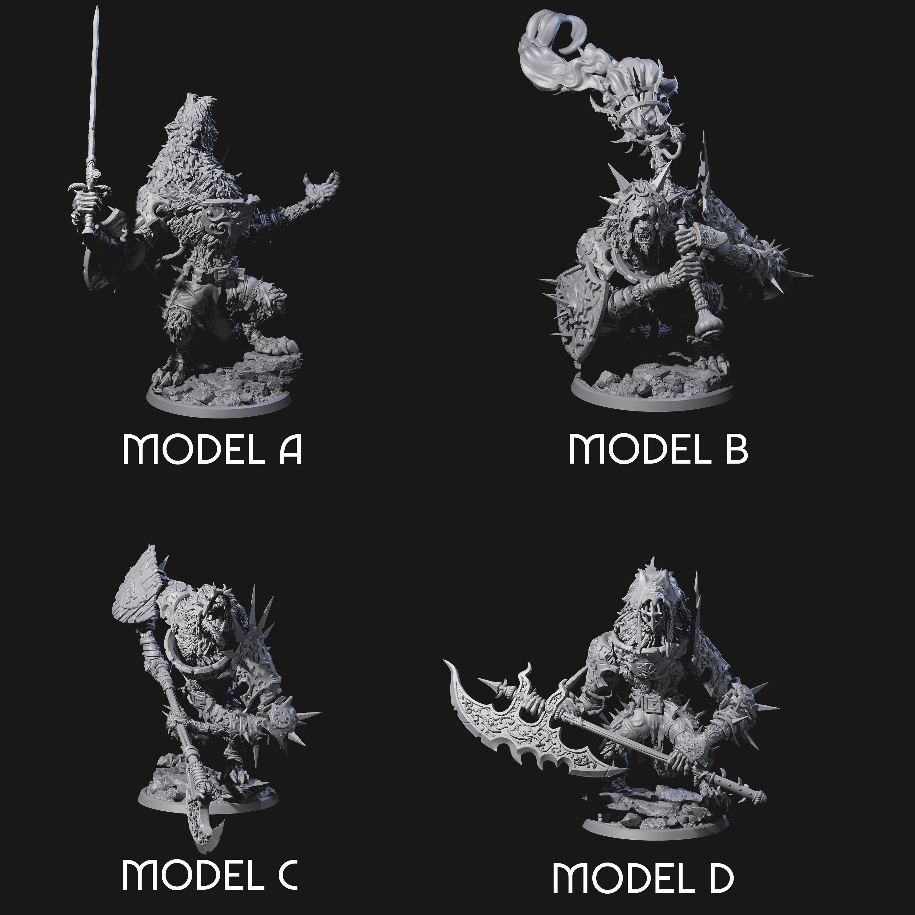Four Uncontrolable Werewolves Miniature for Dungeons and Dragons, Pathfinder or other TTRPGs