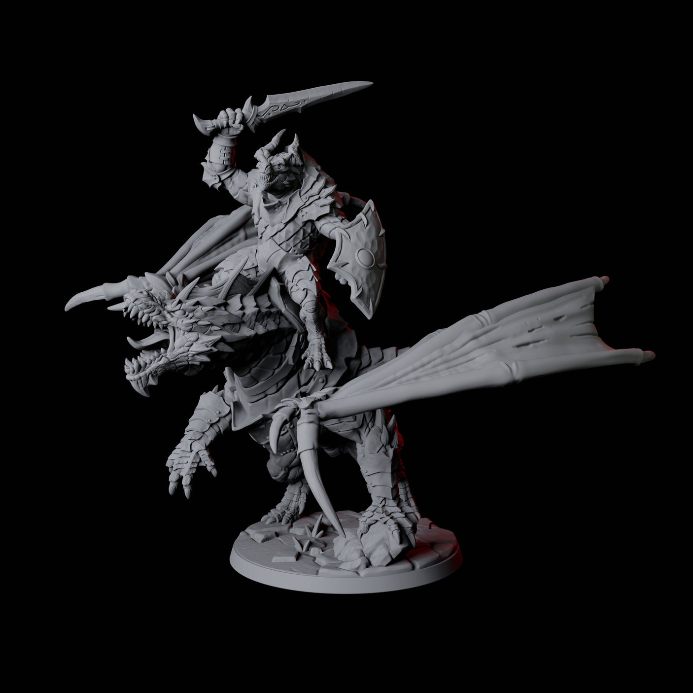 Four Valiant Dragonborn Warriors Riding Dragons Miniature for Dungeons and Dragons, Pathfinder or other TTRPGs