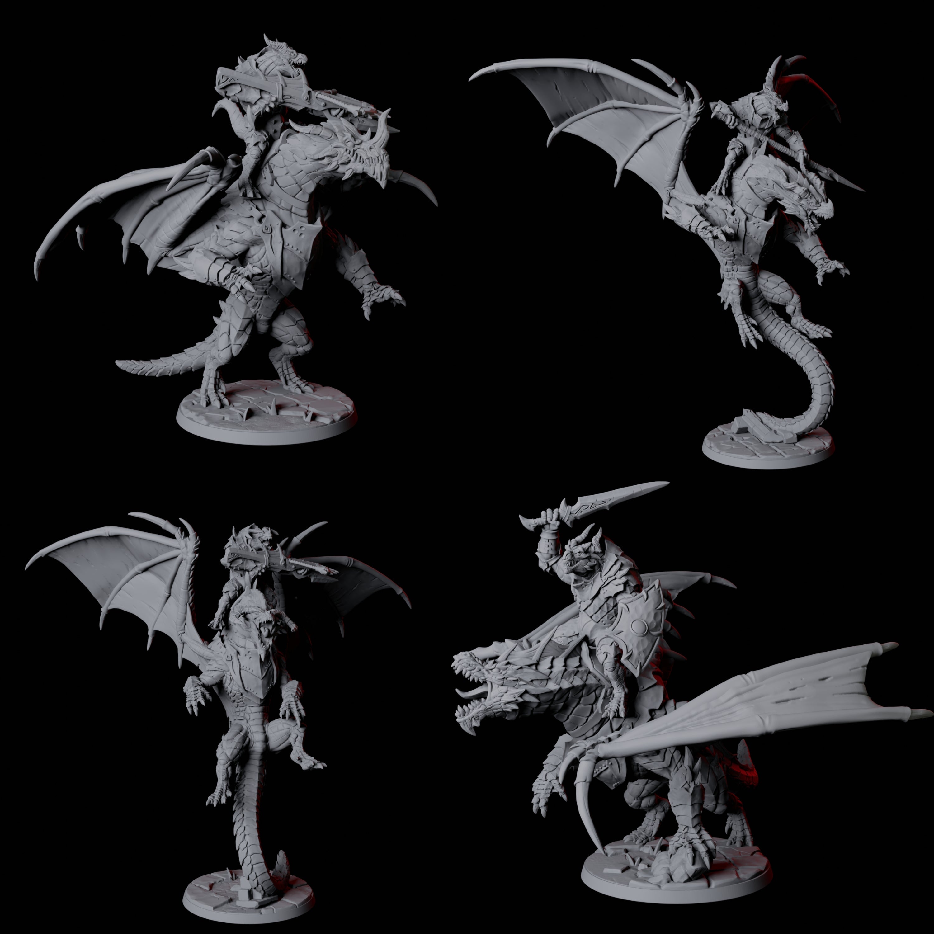Four Valiant Dragonborn Warriors Riding Dragons Miniature for Dungeons and Dragons, Pathfinder or other TTRPGs