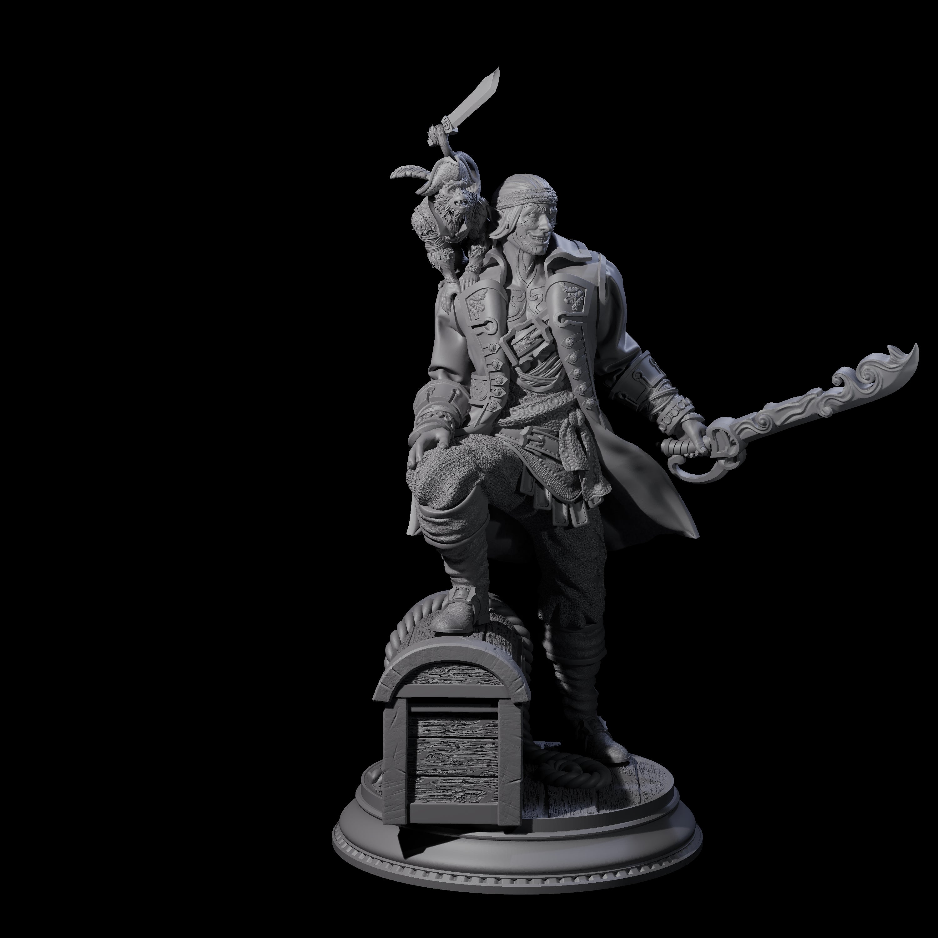 Grinning Elf Pirate with Monkey Miniature for Dungeons and Dragons, Pathfinder or other TTRPGs