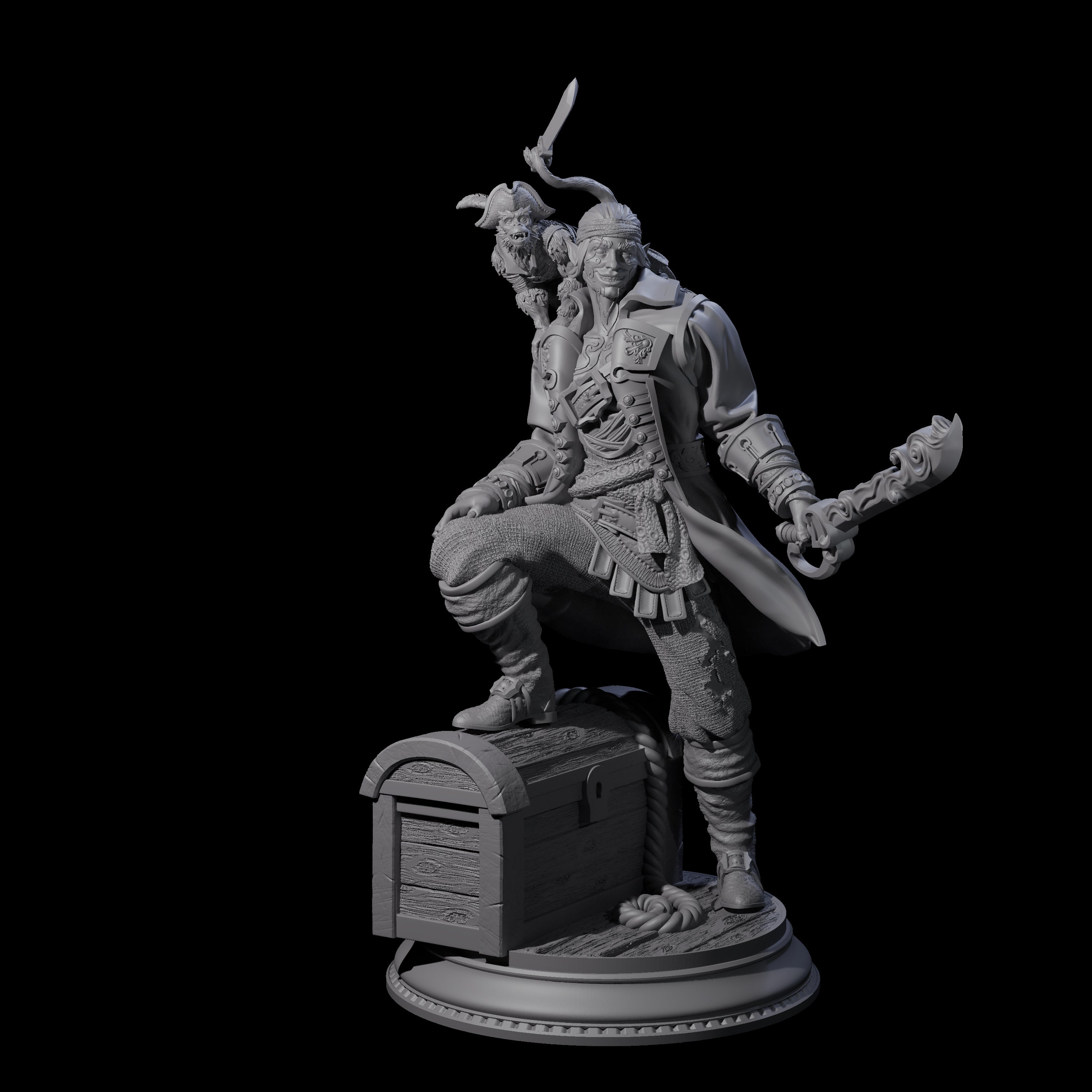 Grinning Elf Pirate with Monkey Miniature for Dungeons and Dragons, Pathfinder or other TTRPGs