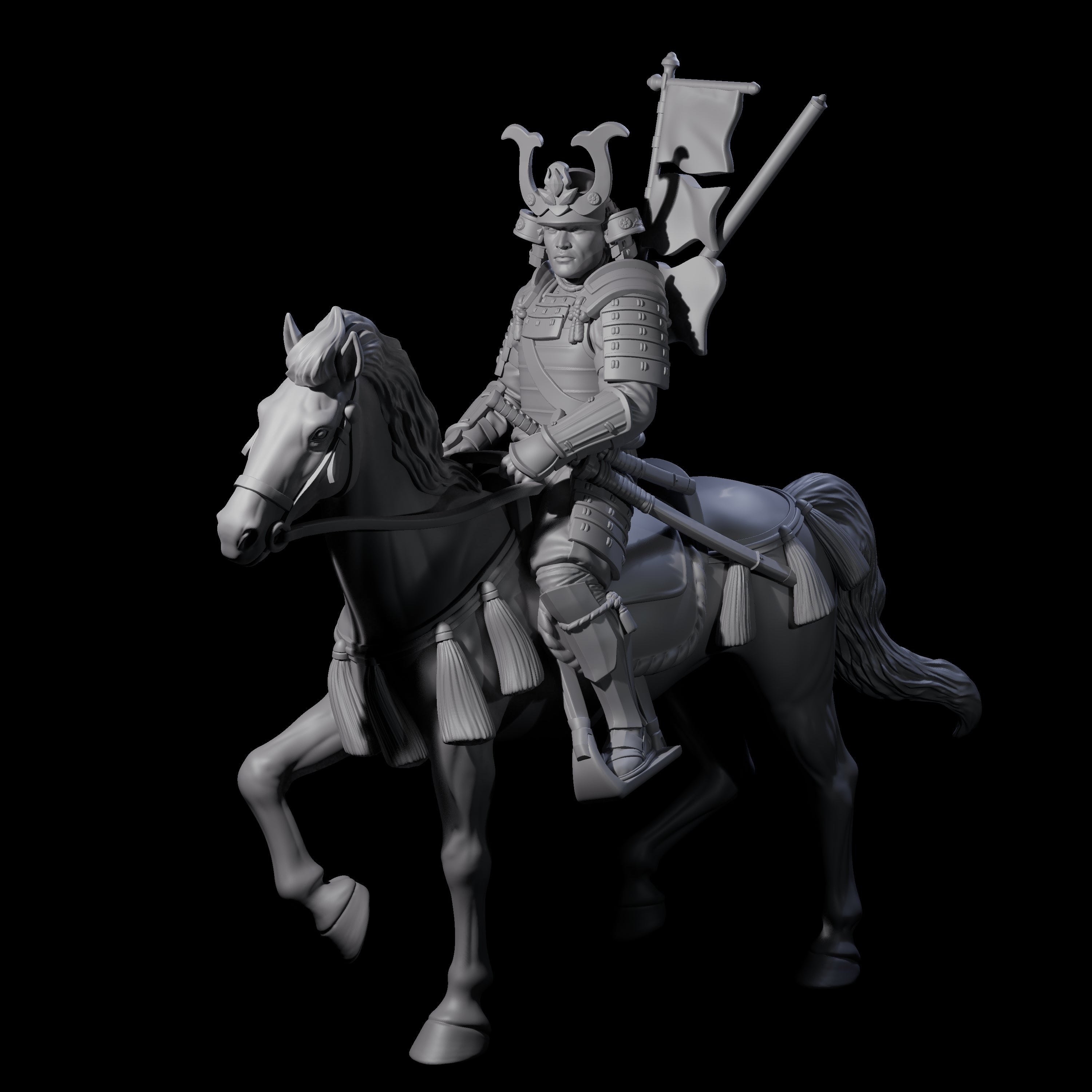 Samuari Flag Bearer on Horseback Miniature for Dungeons and Dragons, Pathfinder or other TTRPGs