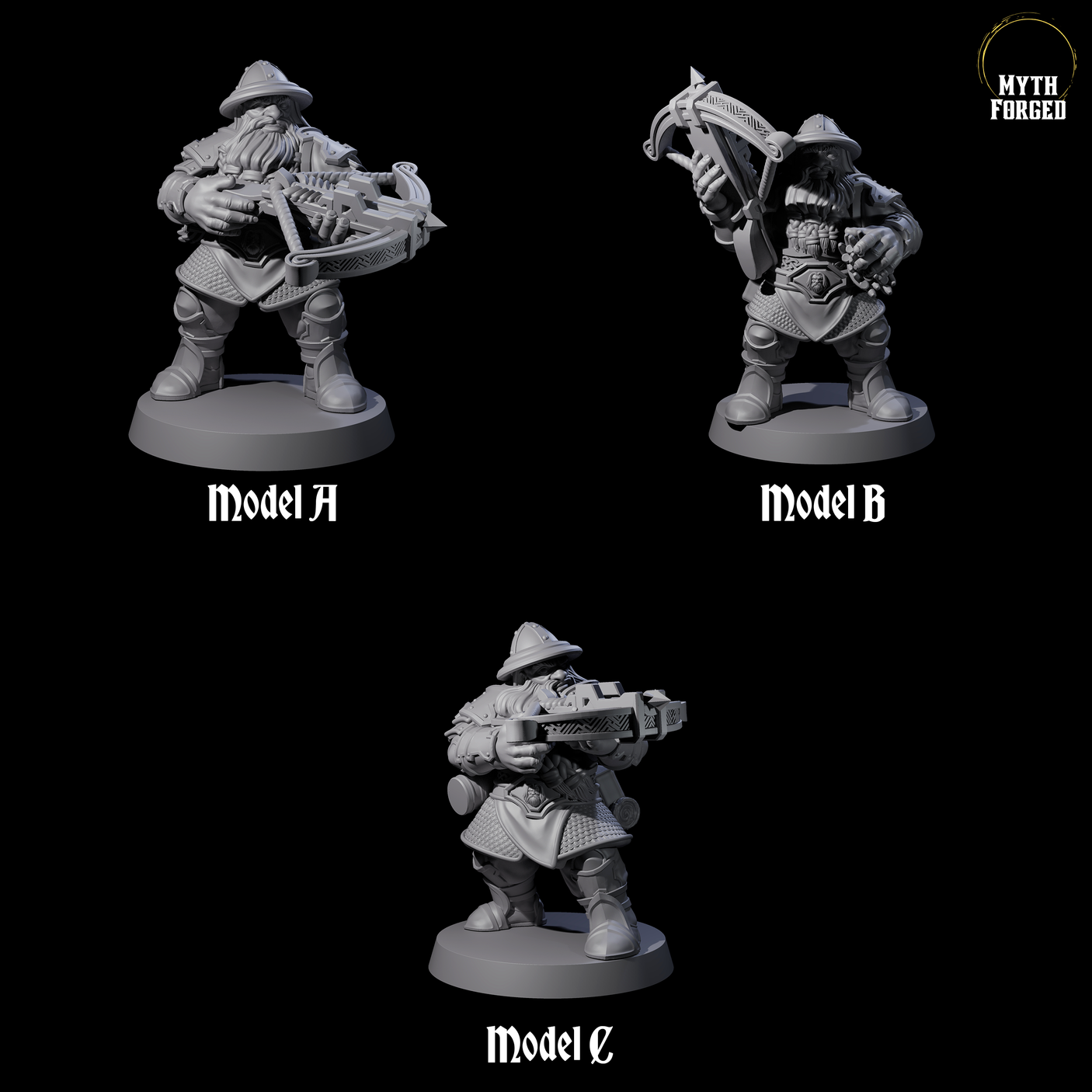 Three Grand Dwarf Crossbowmen Miniature for Dungeons and Dragons, Pathfinder or other TTRPGs