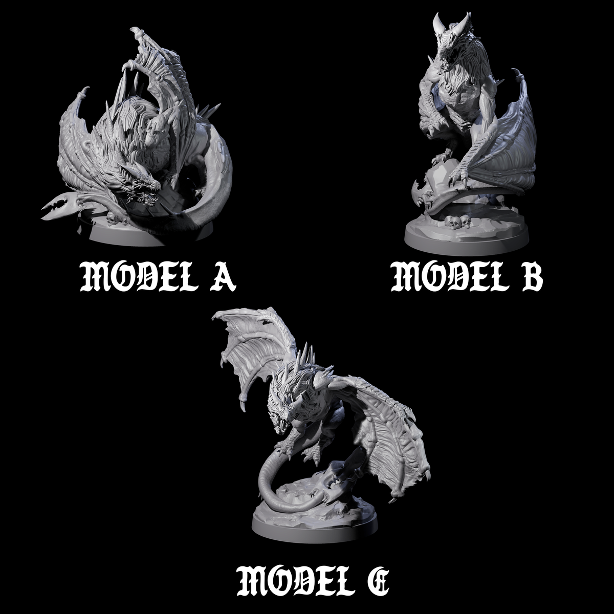 Three Hunched Young Black Dragons Miniature for Dungeons and Dragons, Pathfinder or other TTRPGs
