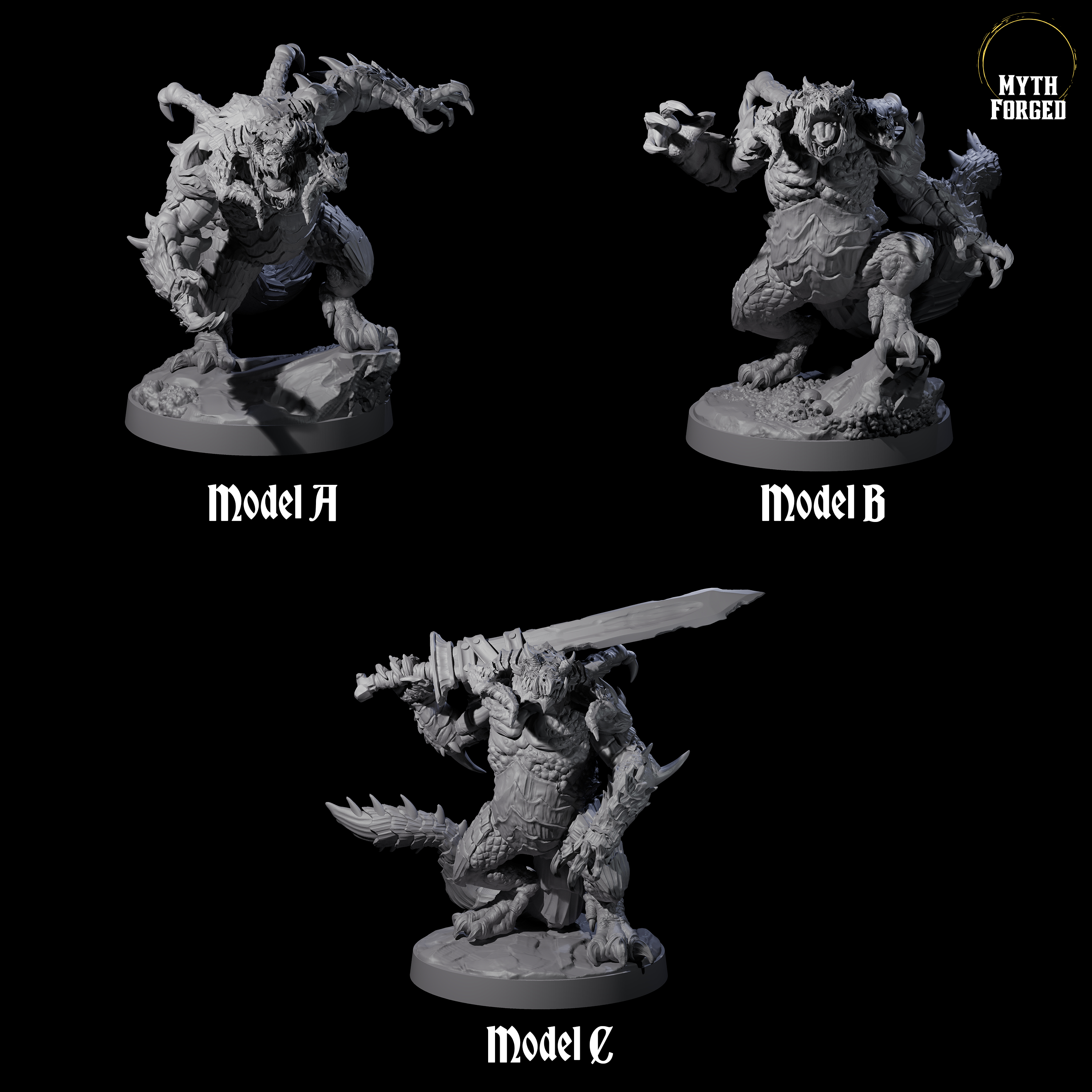 Three Massive Dragon Ogres Miniature for Dungeons and Dragons, Pathfinder or other TTRPGs