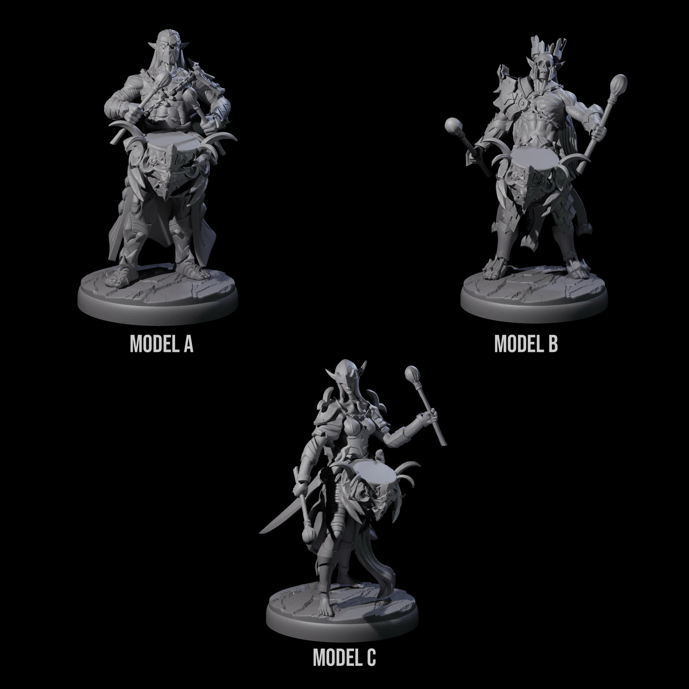 Three Rhythmic Dark Elf Drummers Miniature for Dungeons and Dragons, Pathfinder or other TTRPGs