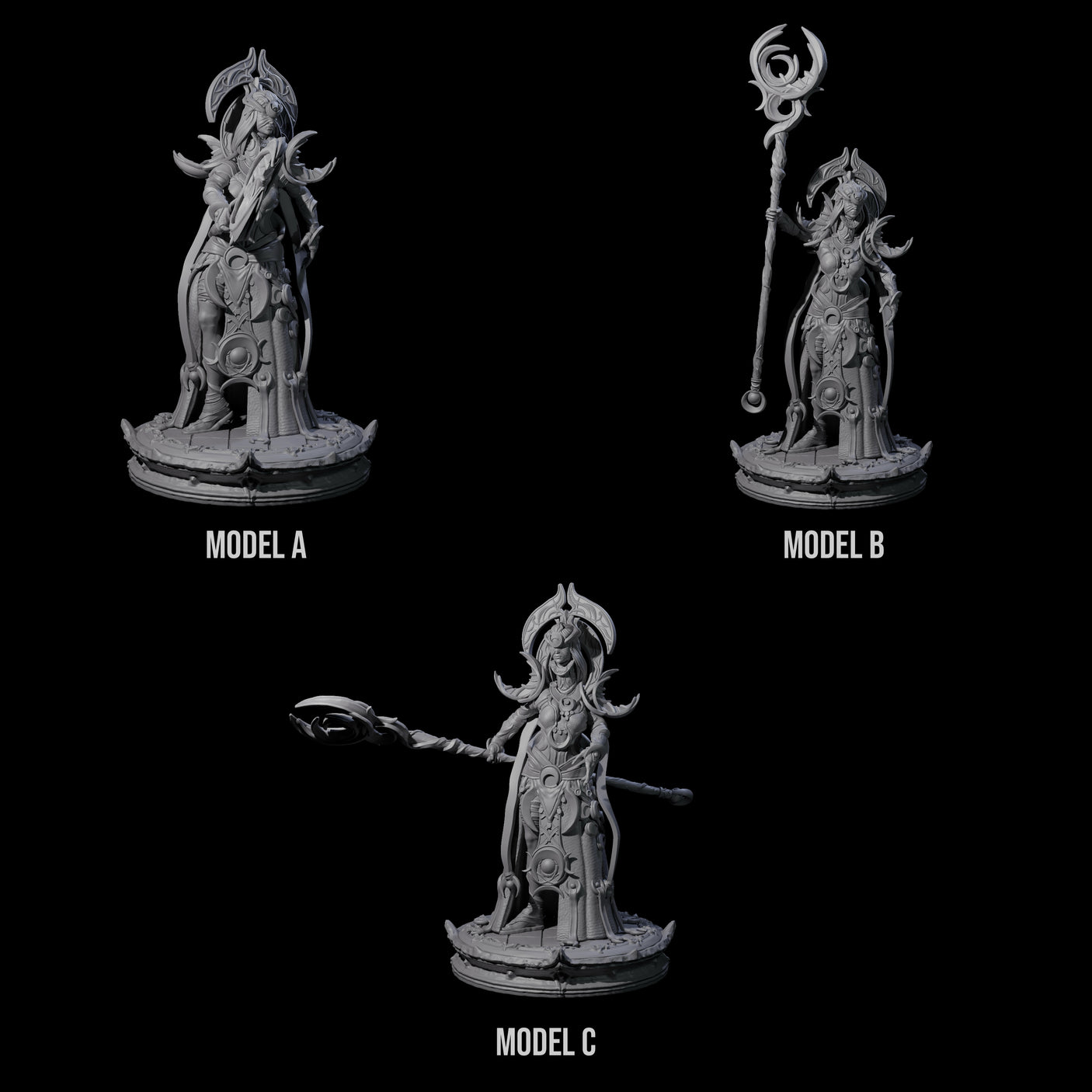 Three Serne Dark Elf Moon Priestesses Miniature for Dungeons and Dragons, Pathfinder or other TTRPGs
