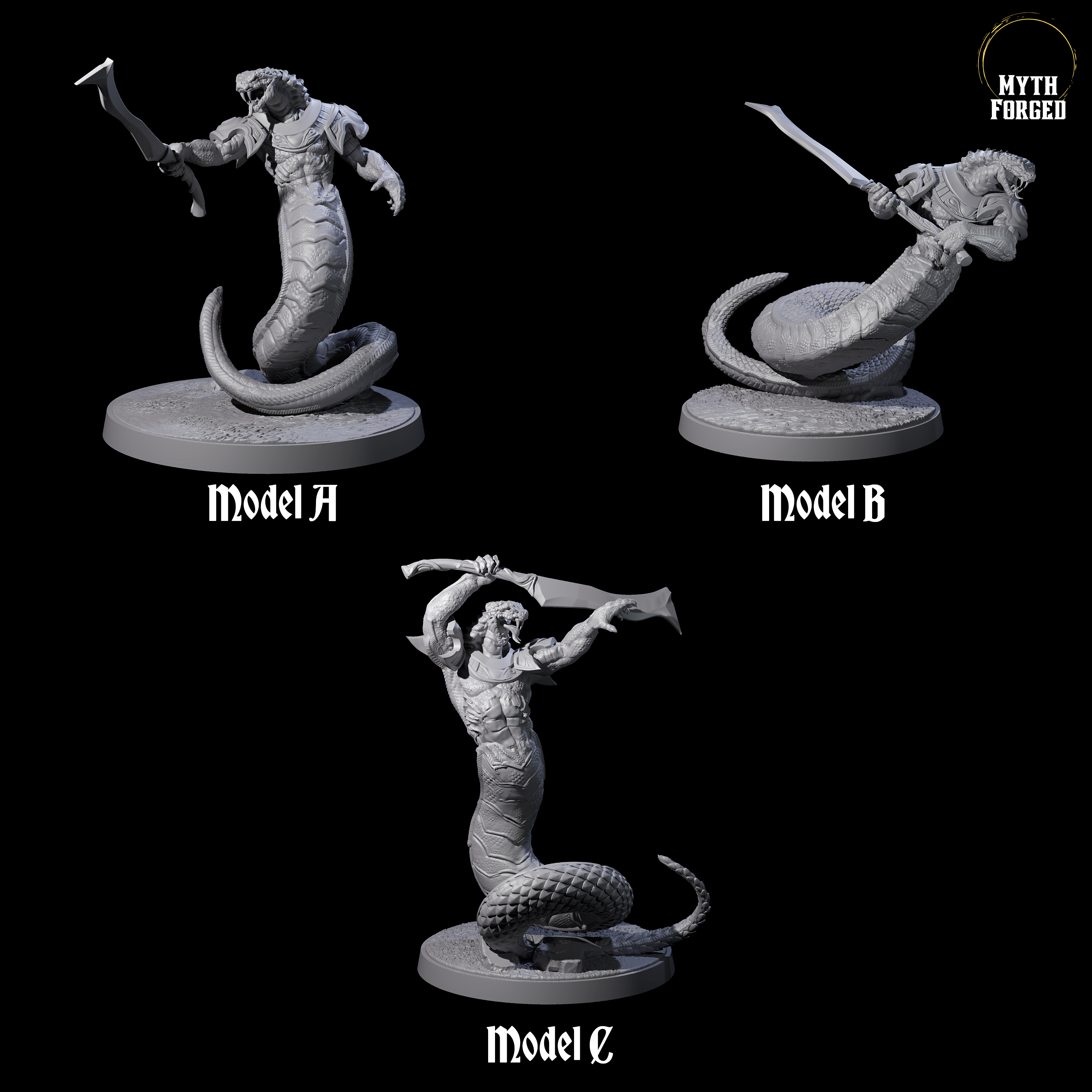 Three Striking Yuan-ti Abominations Miniature for Dungeons and Dragons, Pathfinder or other TTRPGs