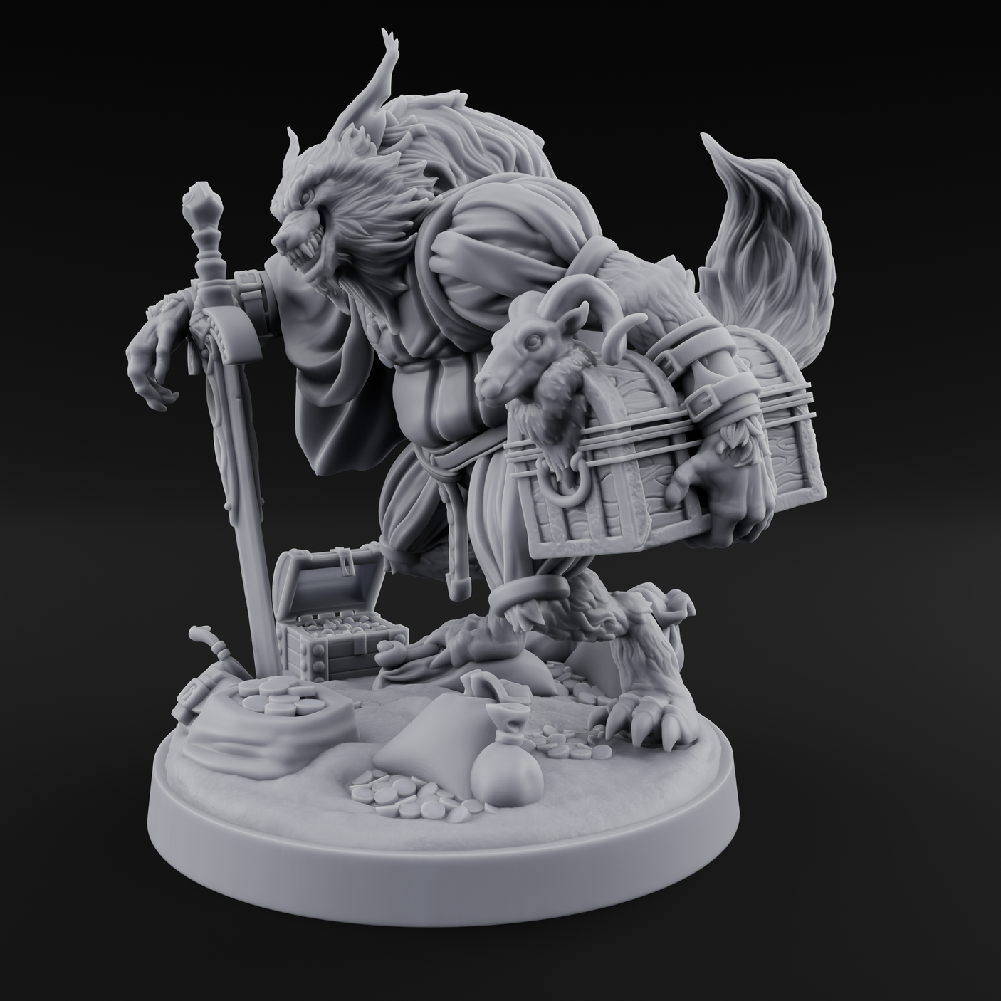 Treasure Collecting Werewolf Barbarian Miniature for Dungeons and Dragons, Pathfinder or other TTRPGs