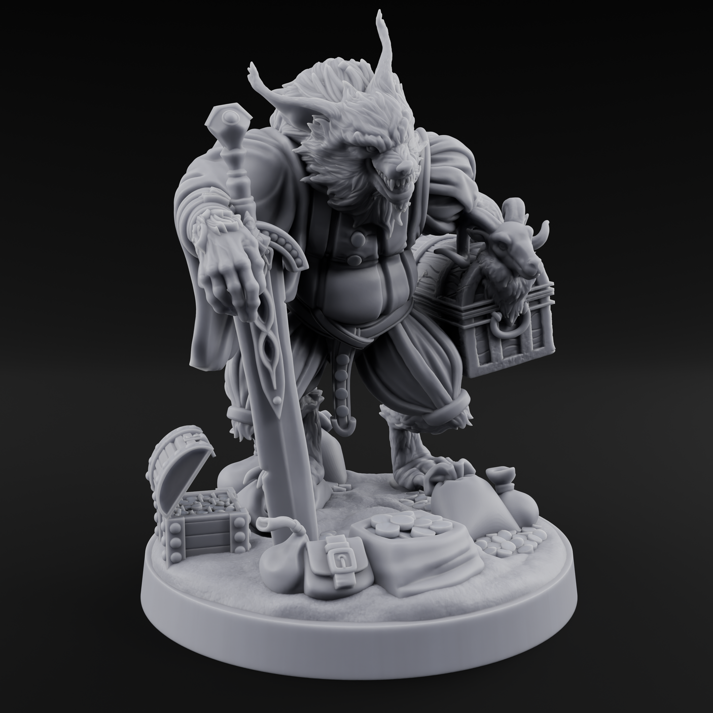 Treasure Collecting Werewolf Barbarian Miniature for Dungeons and Dragons, Pathfinder or other TTRPGs