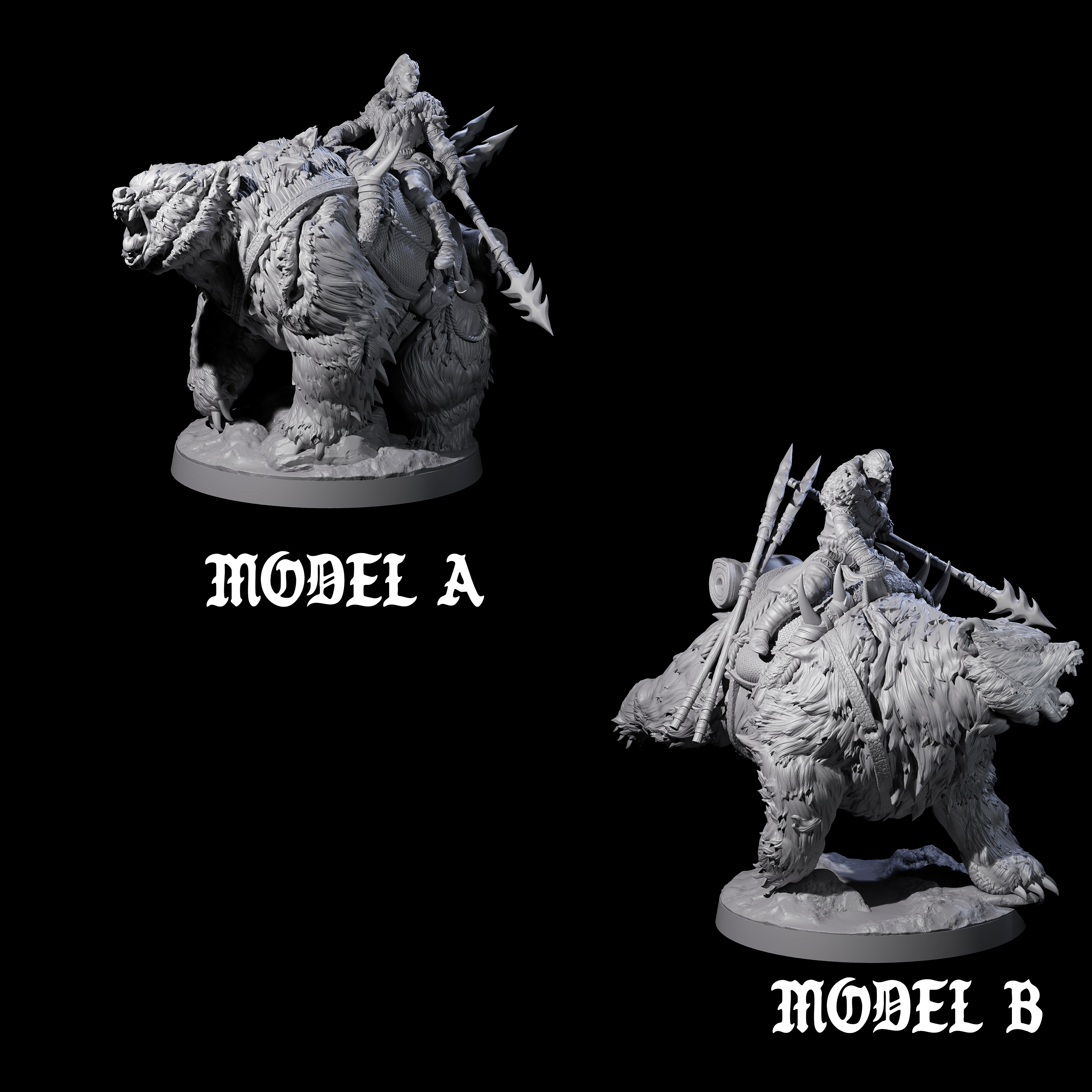Two Wild Bear Riders Miniature for Dungeons and Dragons, Pathfinder or other TTRPGs