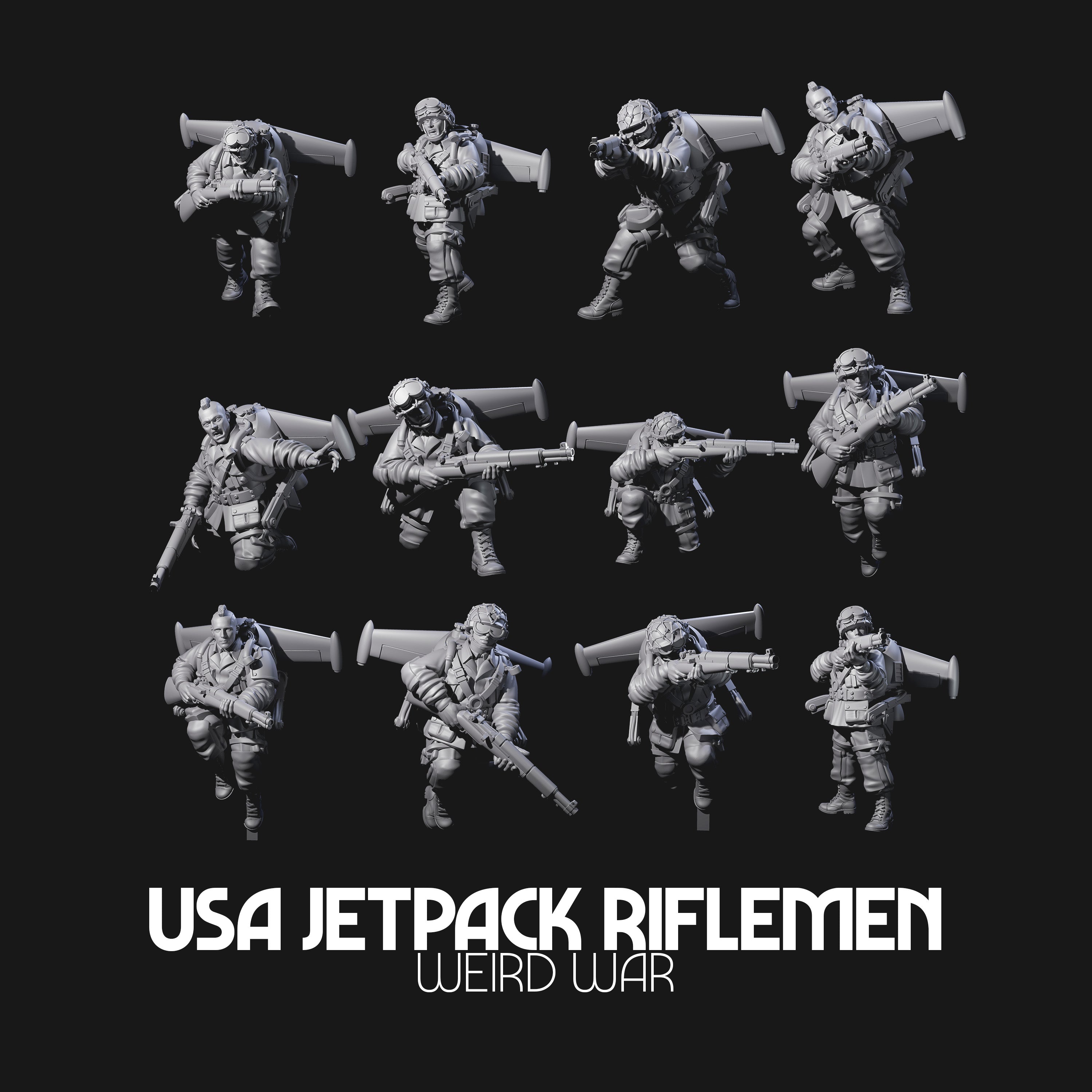 Weird War USA Diving Jetpack Riflemen Miniature for Dungeons and Dragons, Pathfinder or other TTRPGs