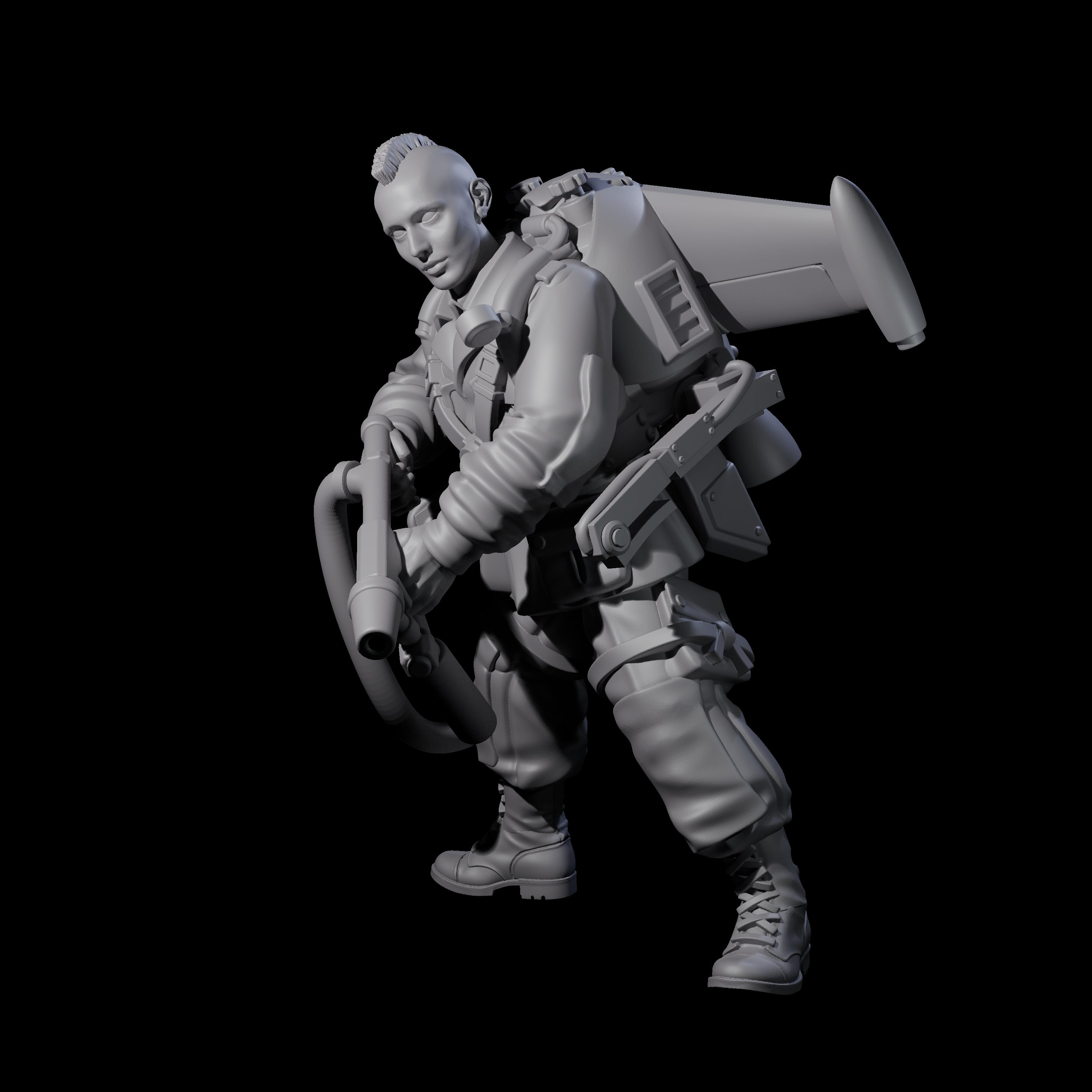 Weird War USA Scorched Jetpack Flamethrower B Miniature for Dungeons and Dragons, Pathfinder or other TTRPGs